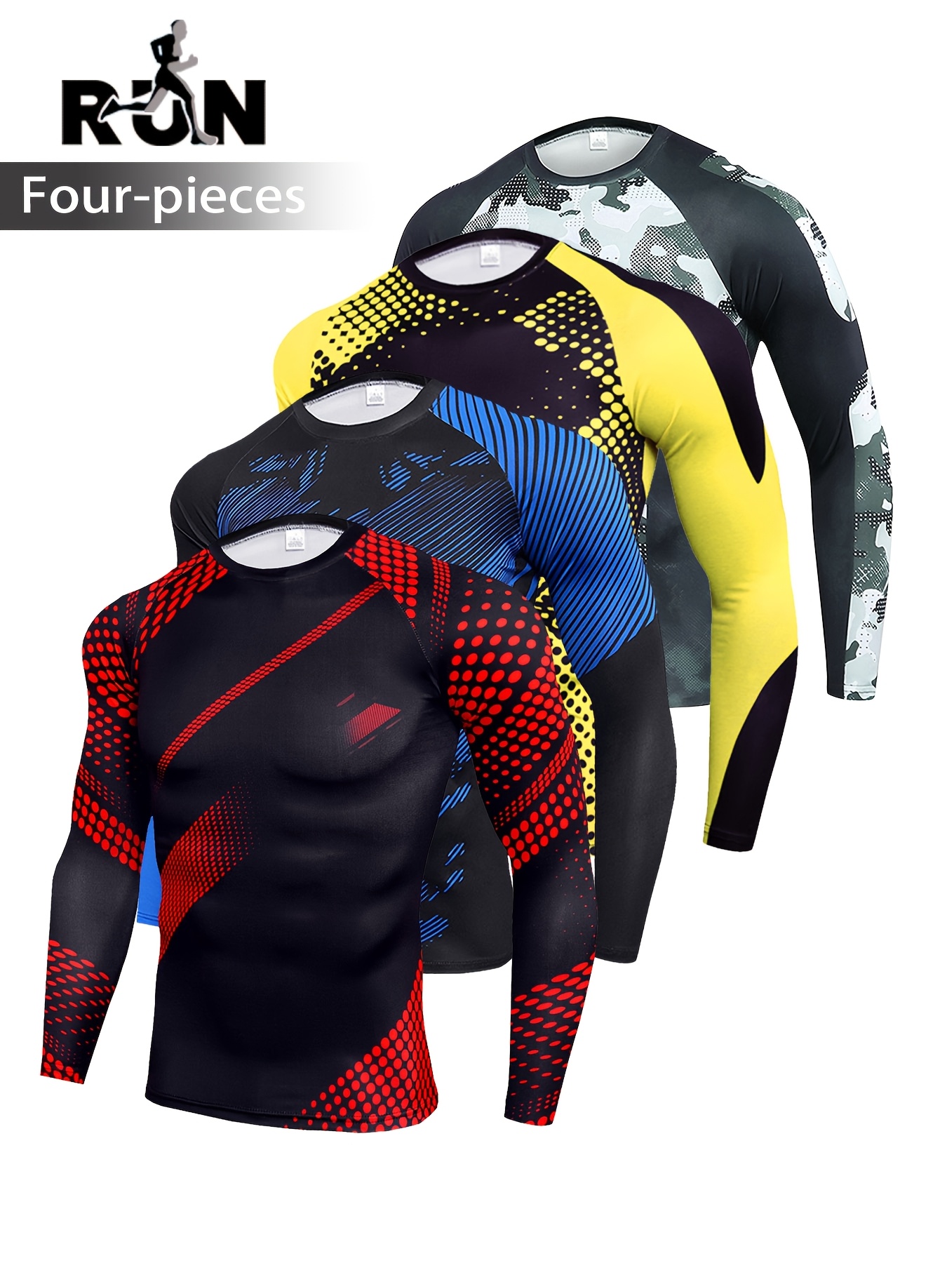 4pcs mens athletic compression shirts quick dry breathable sweat absorbent moisture wicking long sleeve   with vibrant print black white polka dot blue black gradient yellow camo red black geometric for running basketball cycling training outdoor sports gym shirts mixed color 0