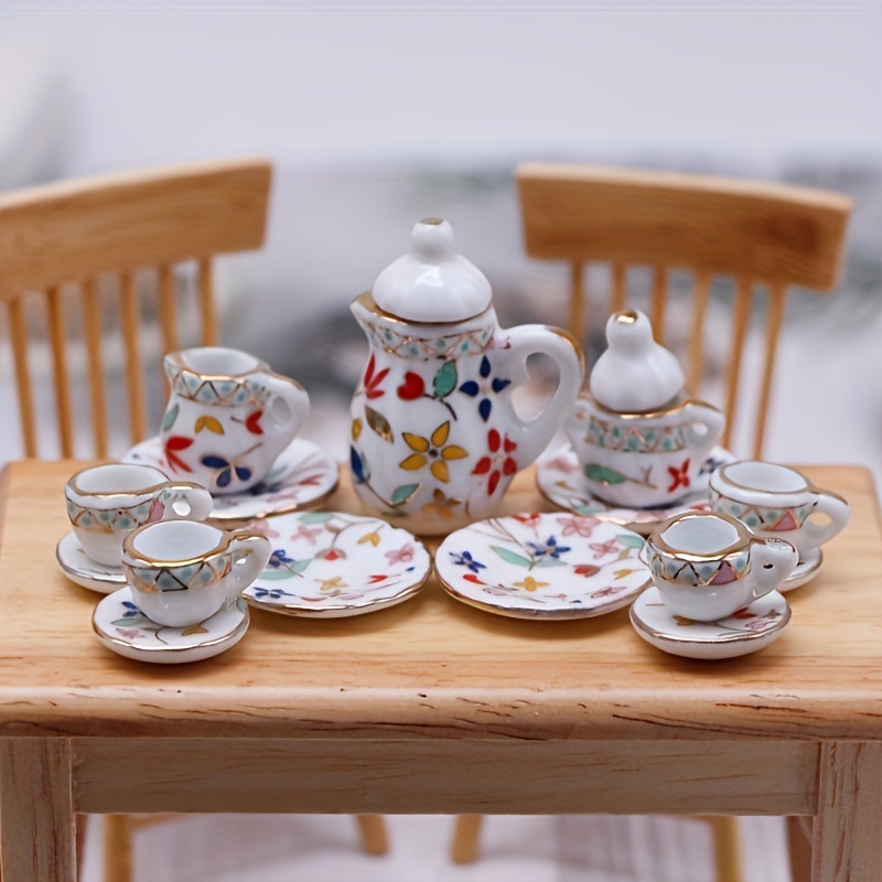 Image of 15pcs, Dollhouse Miniature Mini Kitchen Ceramic Tea Set Model Ornaments, Decorative Additions Ceramic, Living Room Miniature Utensils Display, Cottage Decoration, Pocket Scene Components