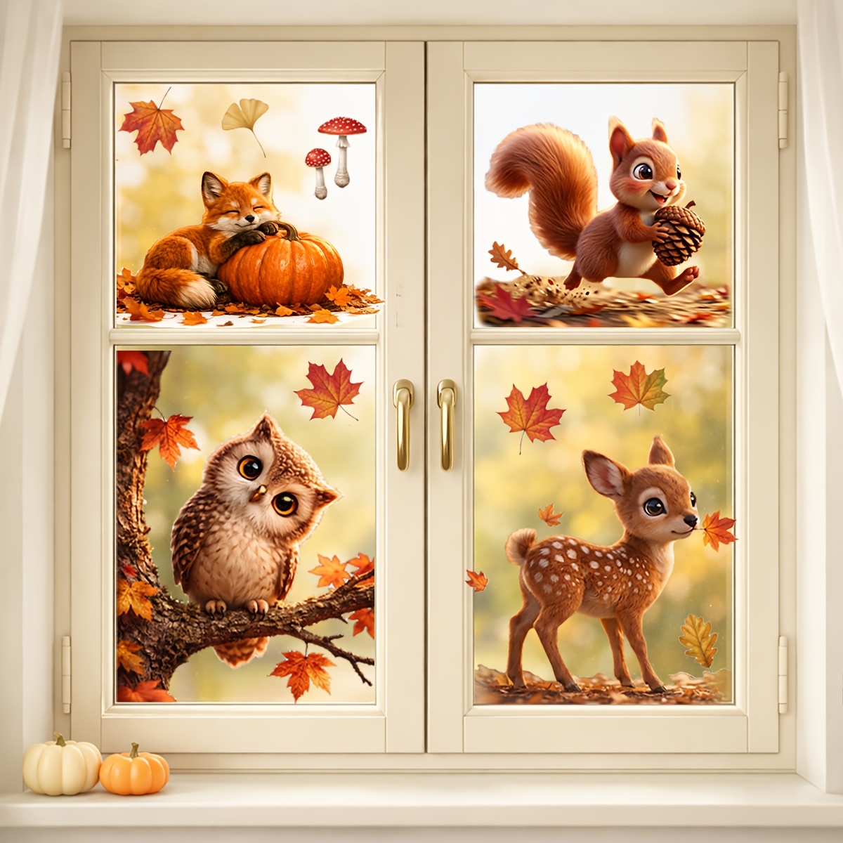 TEMU 4 pezzi Adesivi per Finestre Boh矇mien Adatti per del Ringraziamento e Halloween - Adesivi in PVC Rimovibili Senza Colla con Volpe, , , Gufo,