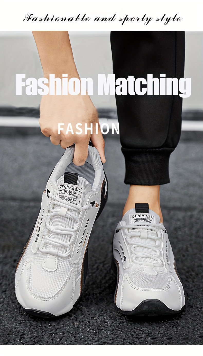 Tenis elegantes para hombre en blanco y dorado - Zapatos transpirables y cómodos para caminar con absorción de impactos, suela de PVC duradera y cierre de agujetas, ideales para uso casual, correr y actividades al aire libre, calzado casual | Tenis con agujetas elegantes | Zapatos cómodos para caminar