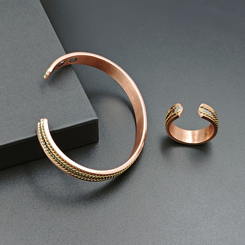 Magnetic Copper Bracelet and Ring Adjustable Cuff Set