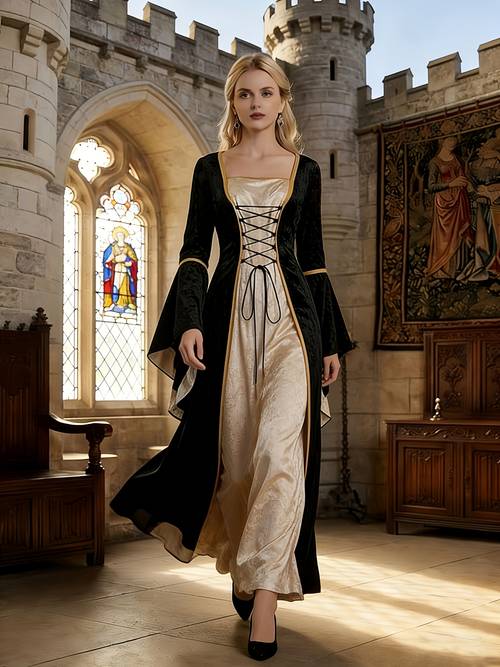 velvet flared sleeve vintage medieval european court long maxi dress