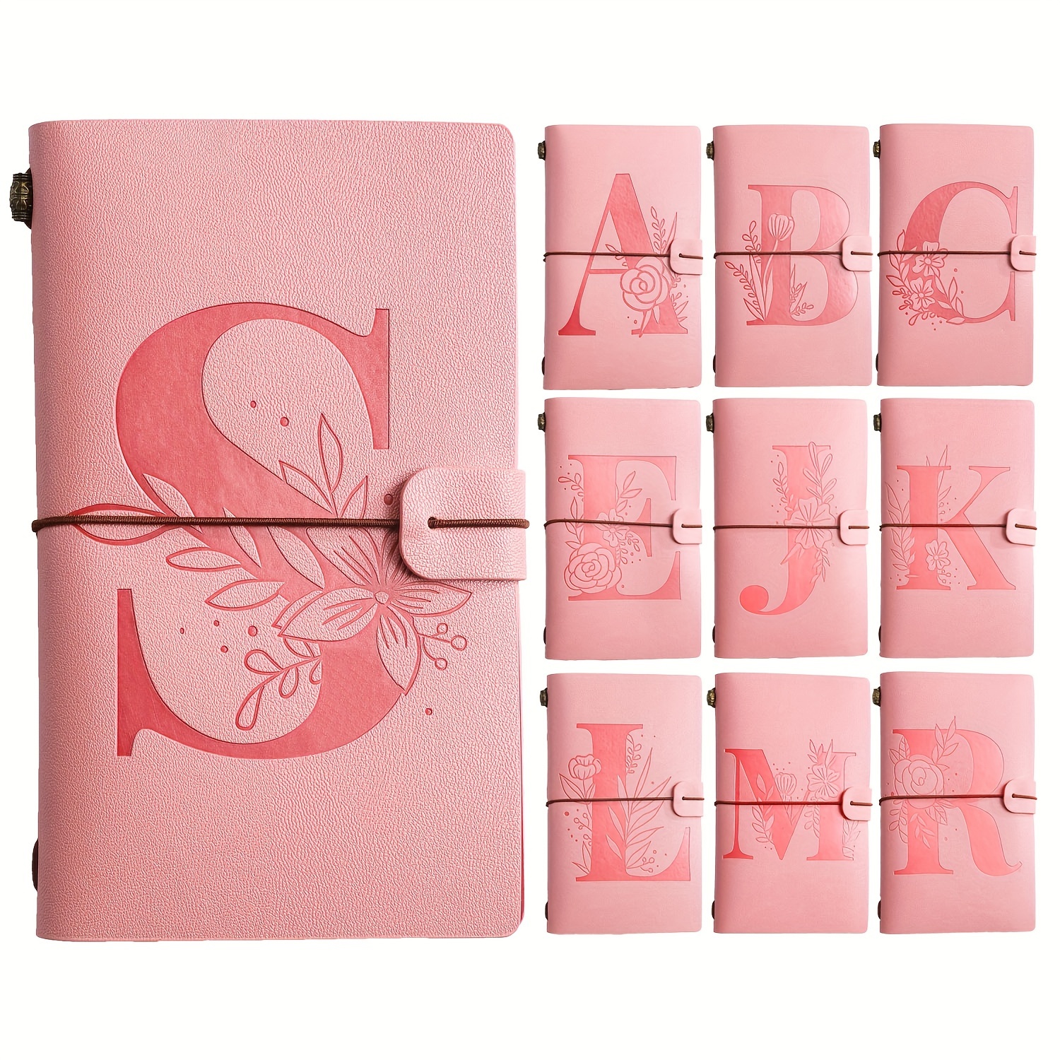 

Pink Floral Initial Leather Travel Journal - Refillable Notebook With Lined Paper, Ideal For - Perfect Gift For Weddings, Birthdays, Christmas - 4.7 X 7.9 Inches