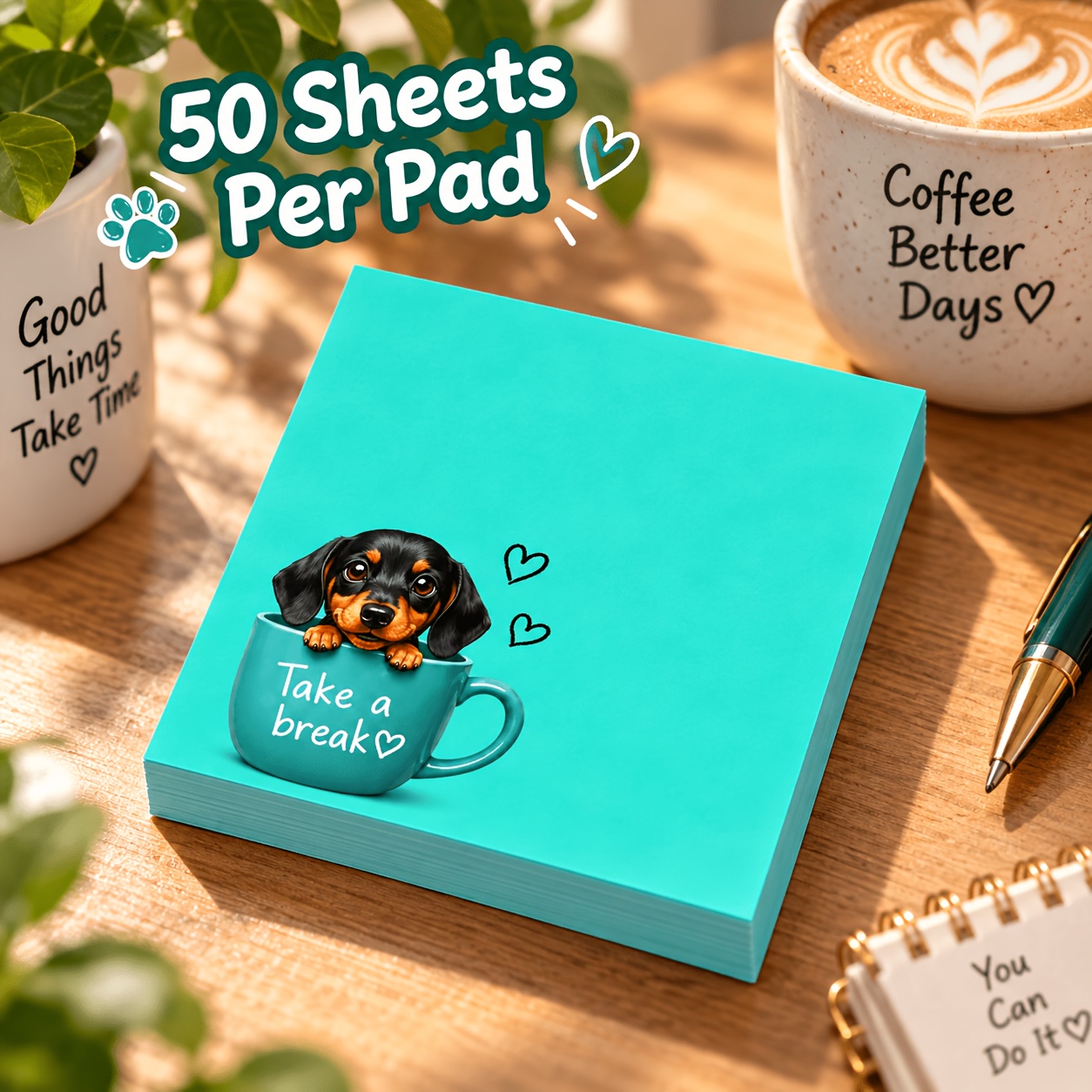 TEMU Cute Sausage Dog Sticky Notes, 50 Sheets/book, Coffee Cup Puppy Memo Pad, Suitable For Office, Study, Journaling, And Desktop Messages