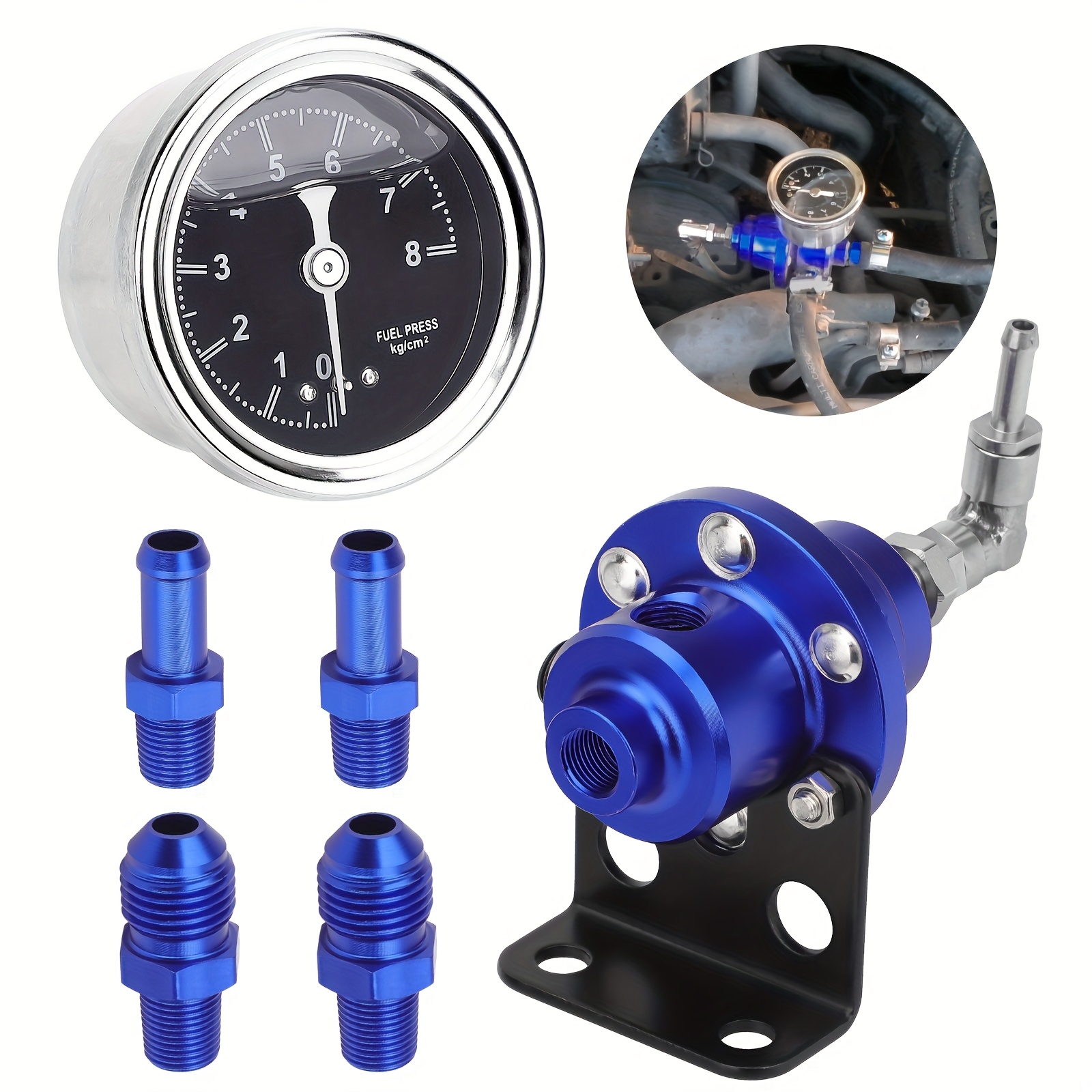 TEMU Fuel Pressure Regulator Kit, Universal Adjustable With 5cm/1.97inch Pressure Gauge (0-8kg/cm), Aluminum Blue Car Regulator, Suitable For Racing, Jdm And Vehicle Modification