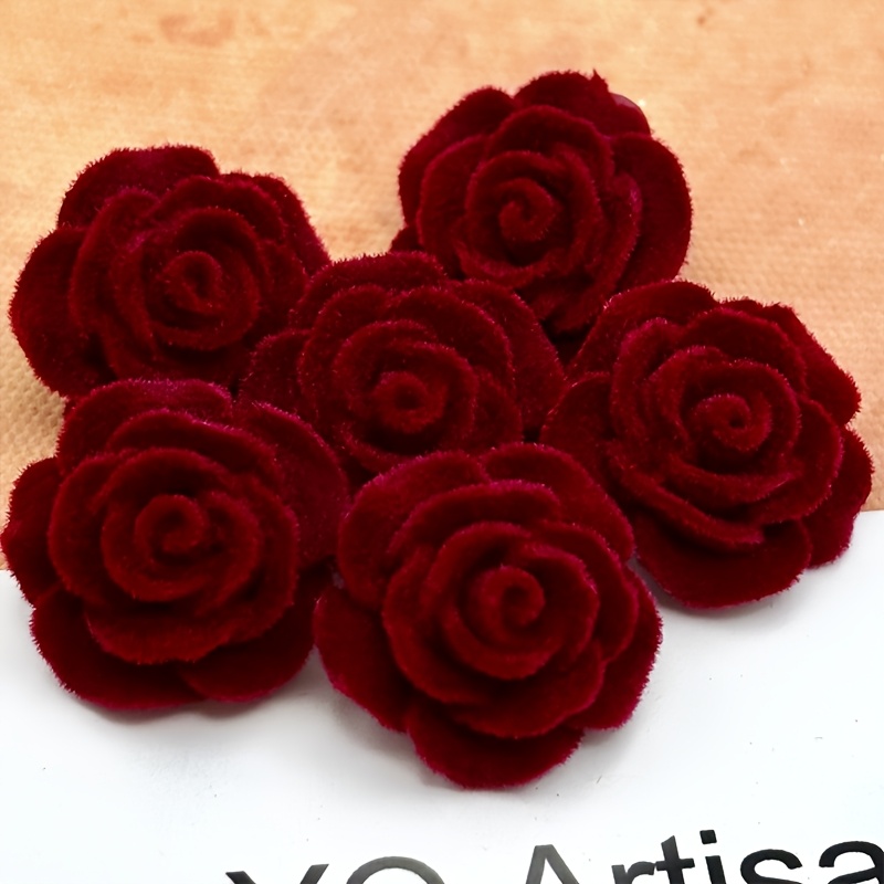 TEMU 6pcs Red Flocked 3d Rose Flower Buttons, 19mm (0.75 Inch) Resin Sewing Additions, Embellishments For Clothing, Bags, Scarves And Hats