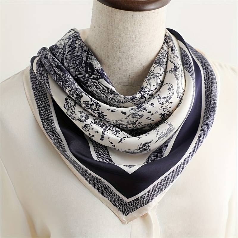 

1pc 27.5" Elegant Floral Scarf For Women - Navy Blue With White & Gray Patterns, Soft Polyester Fashion Accessory For Headwear, Bags & Clothing Decoration, Head Scarf