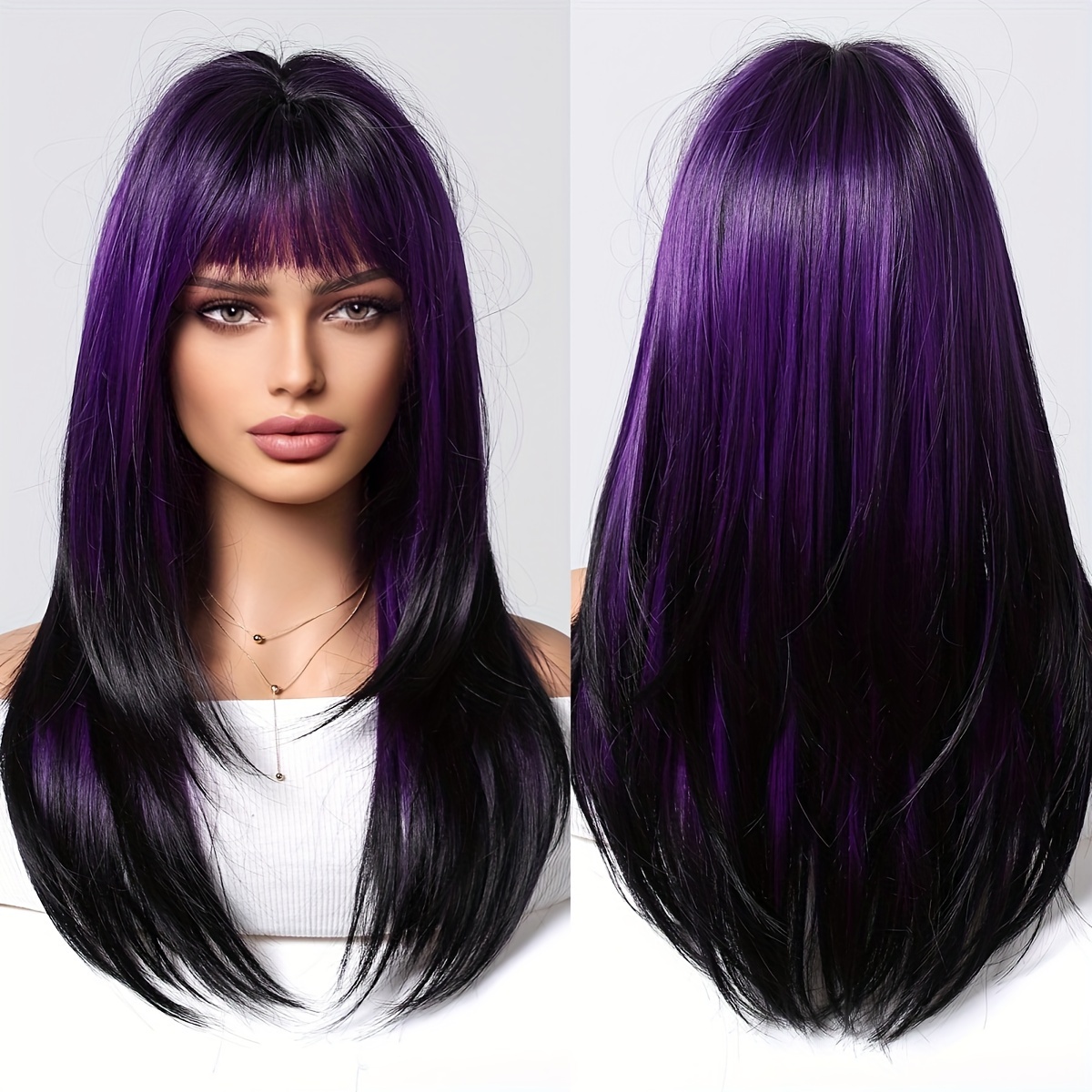 

Chic Ombre Purple Straight Wig With Bangs For Women - 100% Density, Synthetic Hair, Cap