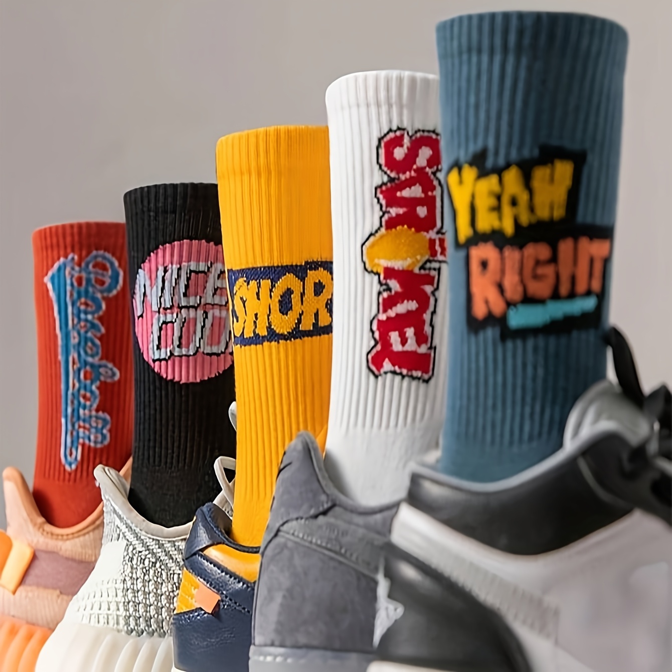 Image of 5 Pairs Men's Mid-calf Socks With Letter Graphic Design - Breathable Knit, Machine Washable, Assorted Colors & Patterns For Casual & Athletic Wear, Novelty Socks, Sporty Socks, Fashionable Socks