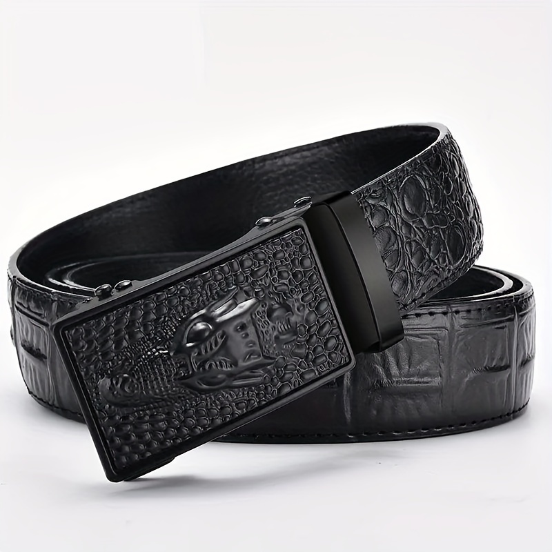 

Ceinture en cuir de crocodile pour homme avec boucle automatique - Noir, 110-125 cm, 2,75" de large, boucle en , 2e couche de cuir