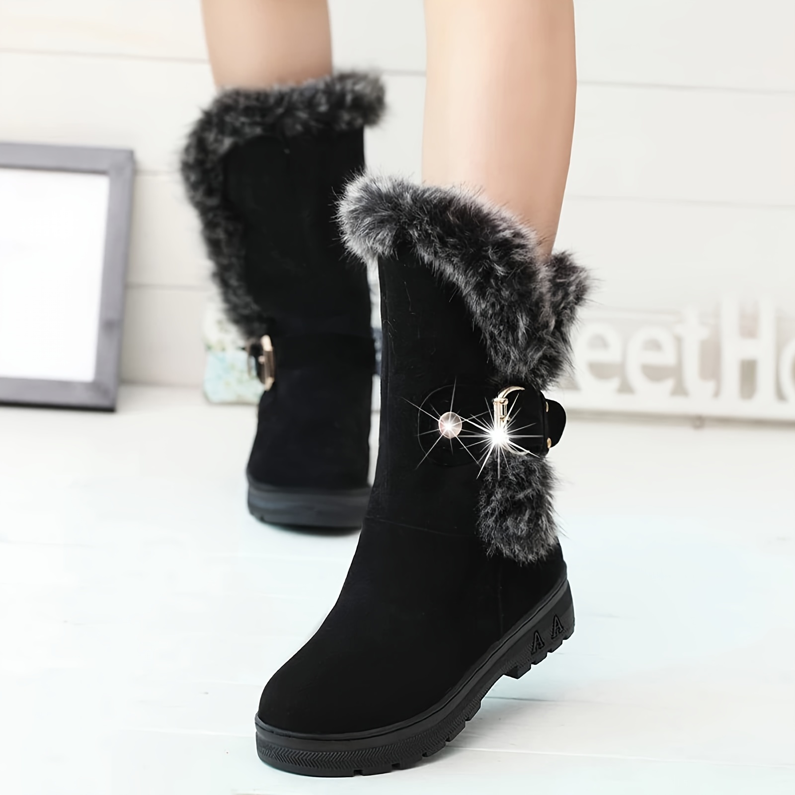 

Women Slip On Waterproof Outdoor Anti-slip Fur Lined Ankle Snow Boots Strap Round Toe Flat Winter Ankle Boots