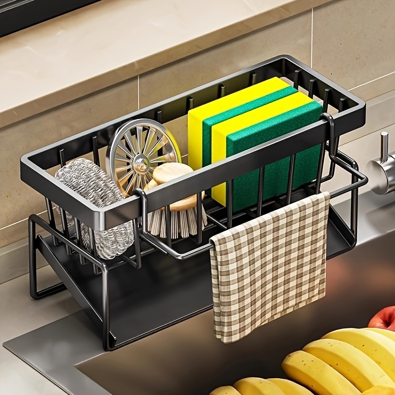 

Carbon Steel Kitchen Organizer - Sink & Toilet Storage Rack With Faucet Sponge Holder, Soap & Towel Drain Shelf, No-drill Seasoning Caddy For Home And Hotel Use