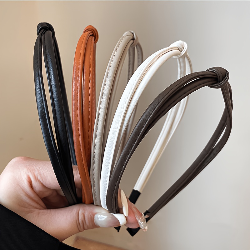 Image of 5pcs/set Easy Faux Leather Narrow Edge Headband For Women Elegant Face Wash Headband Fashionable Hair Band Hair Additions