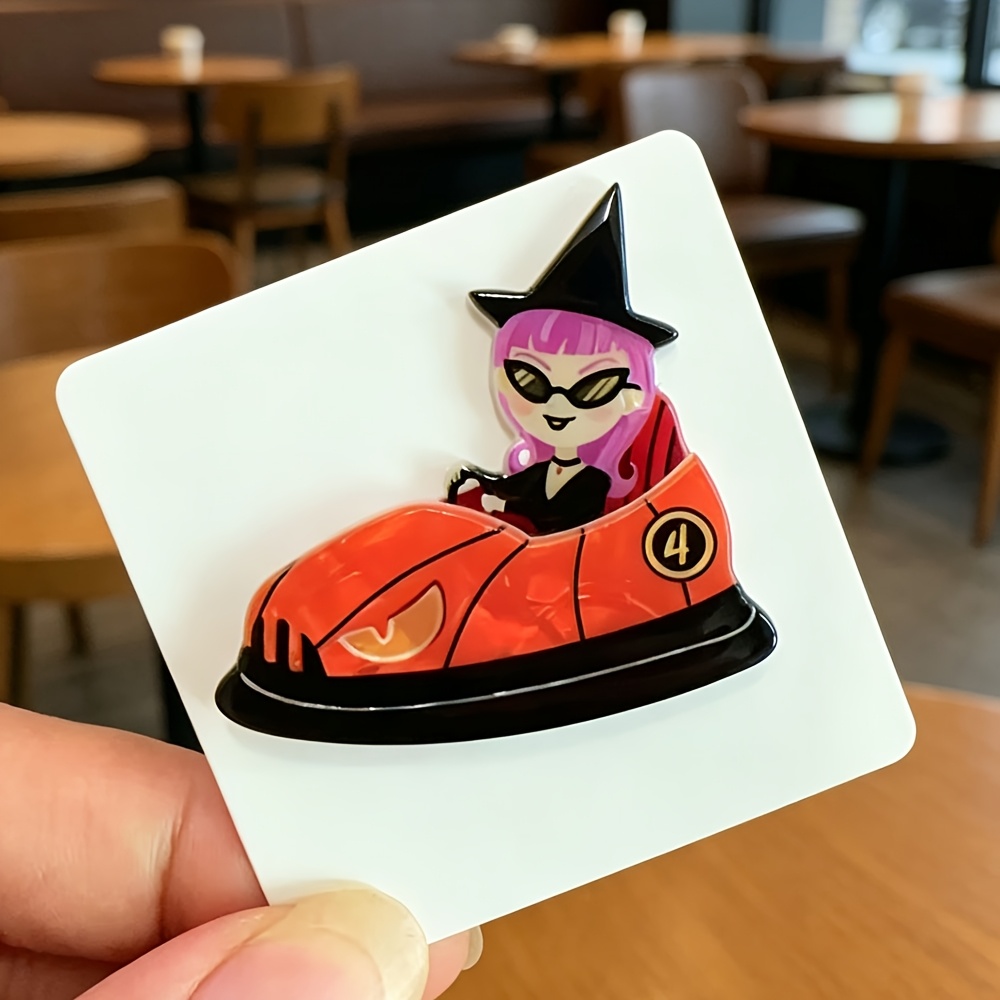 TEMU 1pc Halloween Double-layer Acrylic Splicing Contact Car Vampire And Witch Brooch Resin Craft Anti-scratch