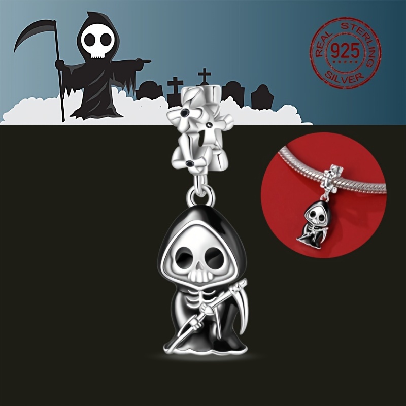 

Sterling Silver 925 Reaper Charm Bead, Skeleton Pendant For Making, Fits Bracelets And Necklaces, 3g (pack Of 1)