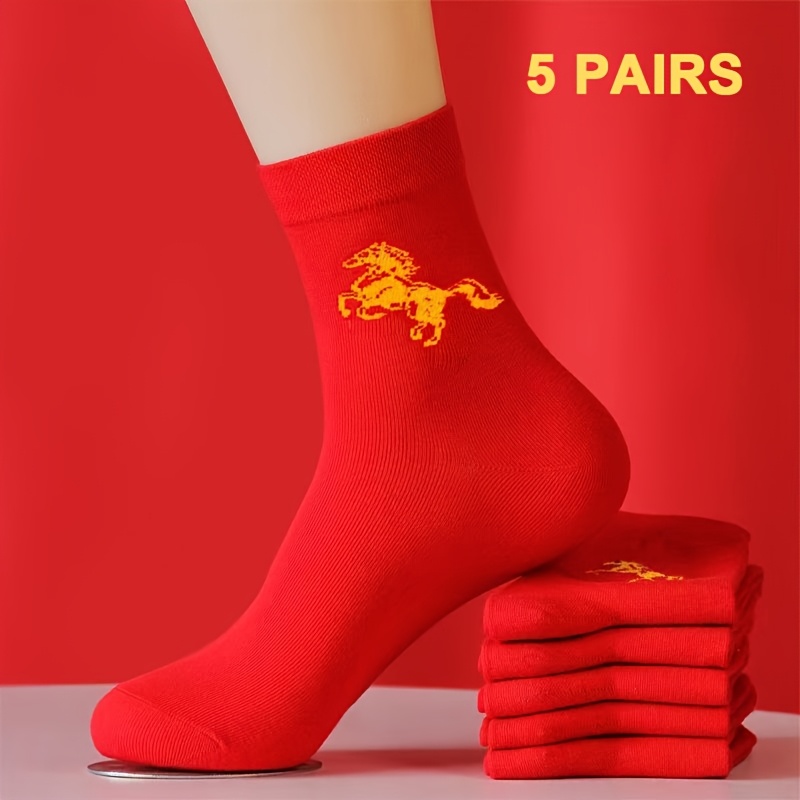 TEMU Lot de 2/5 paires de chaussettes pour femme, motif cheval de dessin animé aléatoire rouge pour le Nouvel An, chaussettes mignonnes pour femme