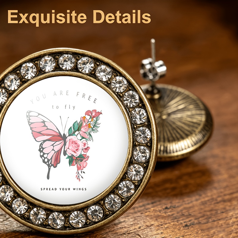 2pcs Transparent Glass Inlaid Stud Earrings Set, Butterfly & Rose