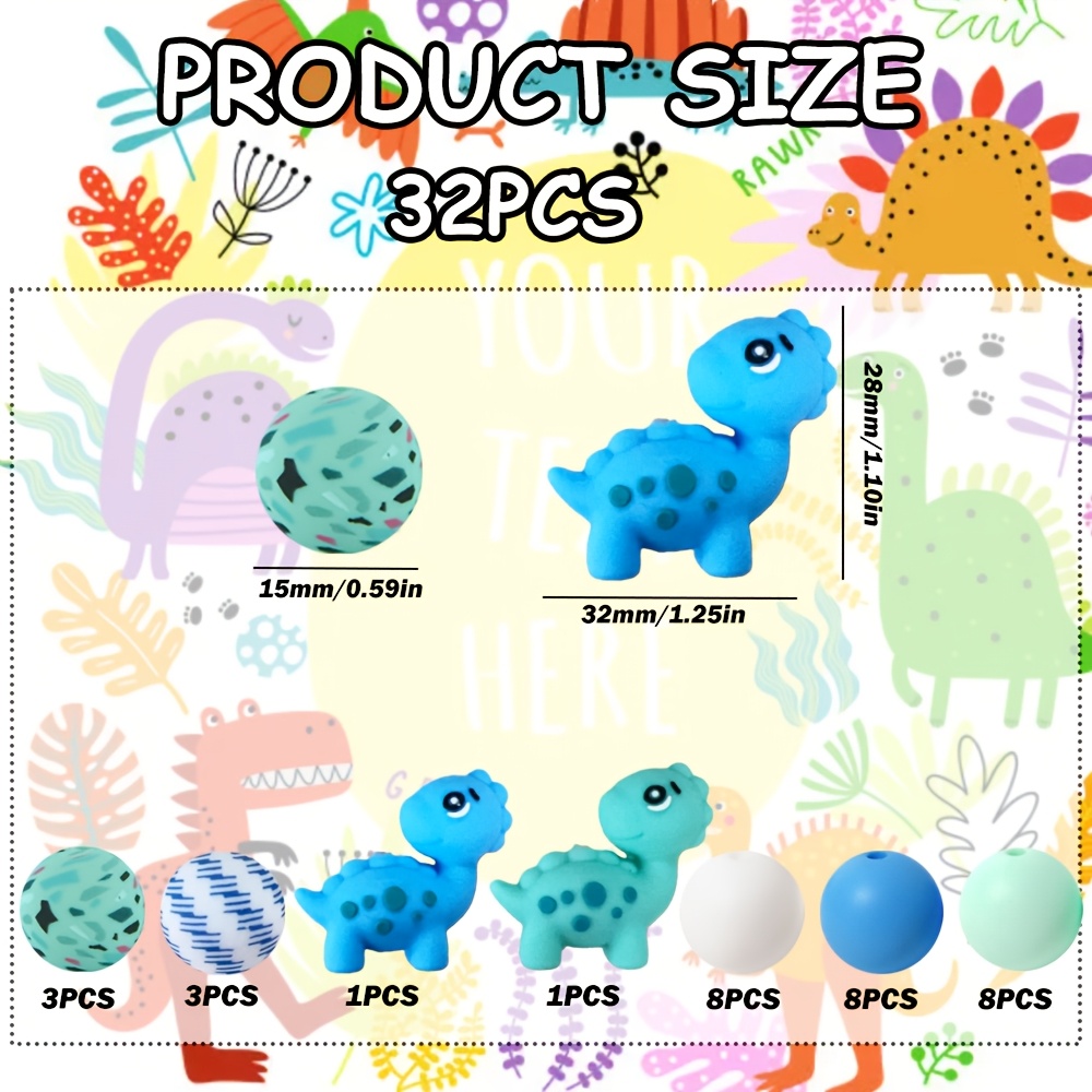 TEMU 32 Piezas de Cuentas de Silicona 3D con Forma de Dinosaurio, Cuentas Redondas de Silicona Impresas de 15mm para Bolígrafos DIY, Collares,