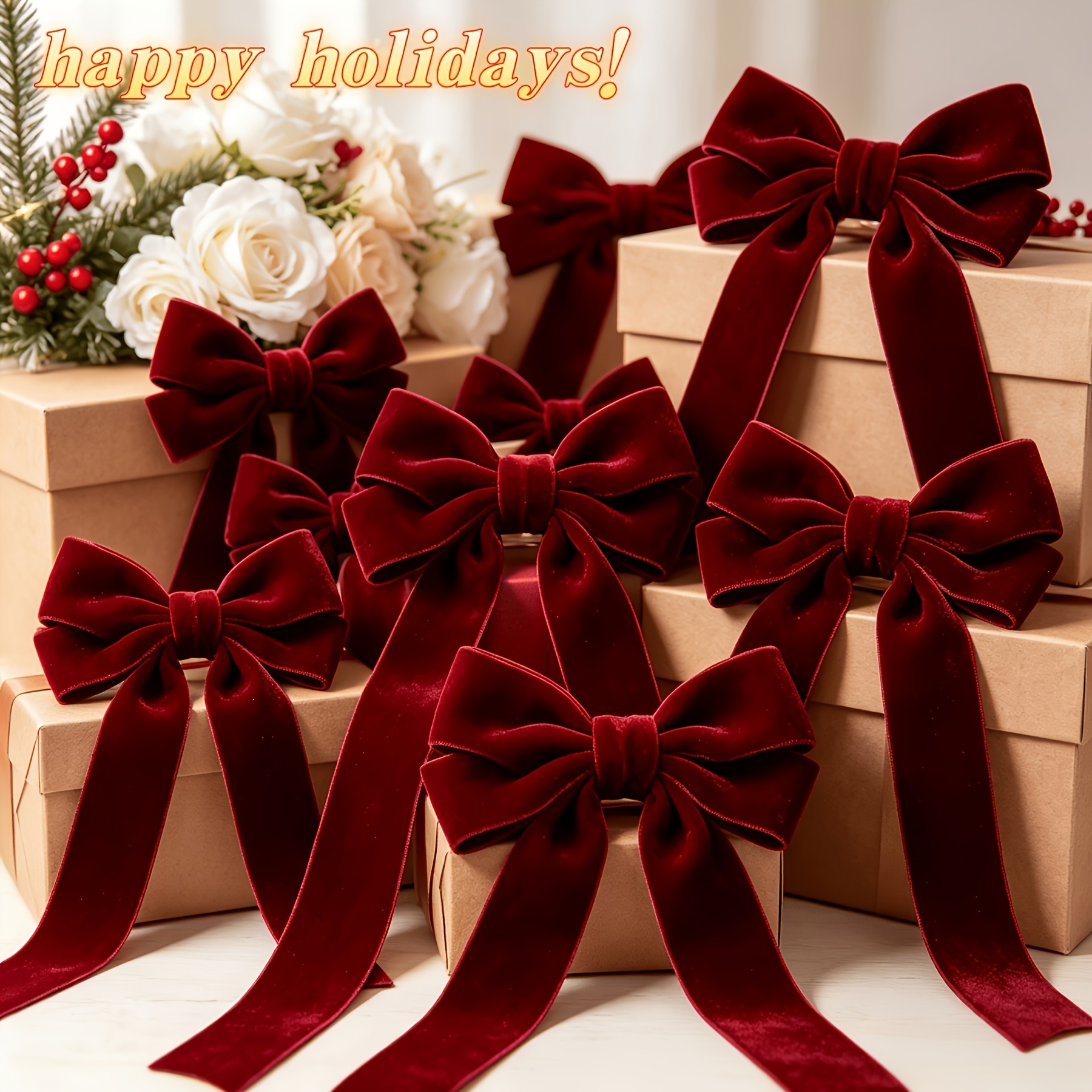 TEMU 8 nœuds en velours rouge vin, ornements décoratifs en ruban nœud, idéaux pour sapin de Noël, An, mariage, maison, cadeau et décoration de