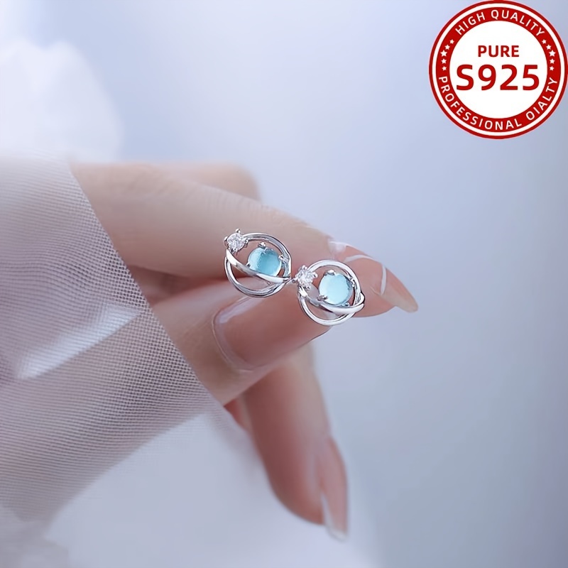 

S925 Sterling Silver Elegant Bohemian Style Blue Glass Bead Planet Stud Earrings, Fashion Luxury Earlobe & Cartilage Jewelry For Women