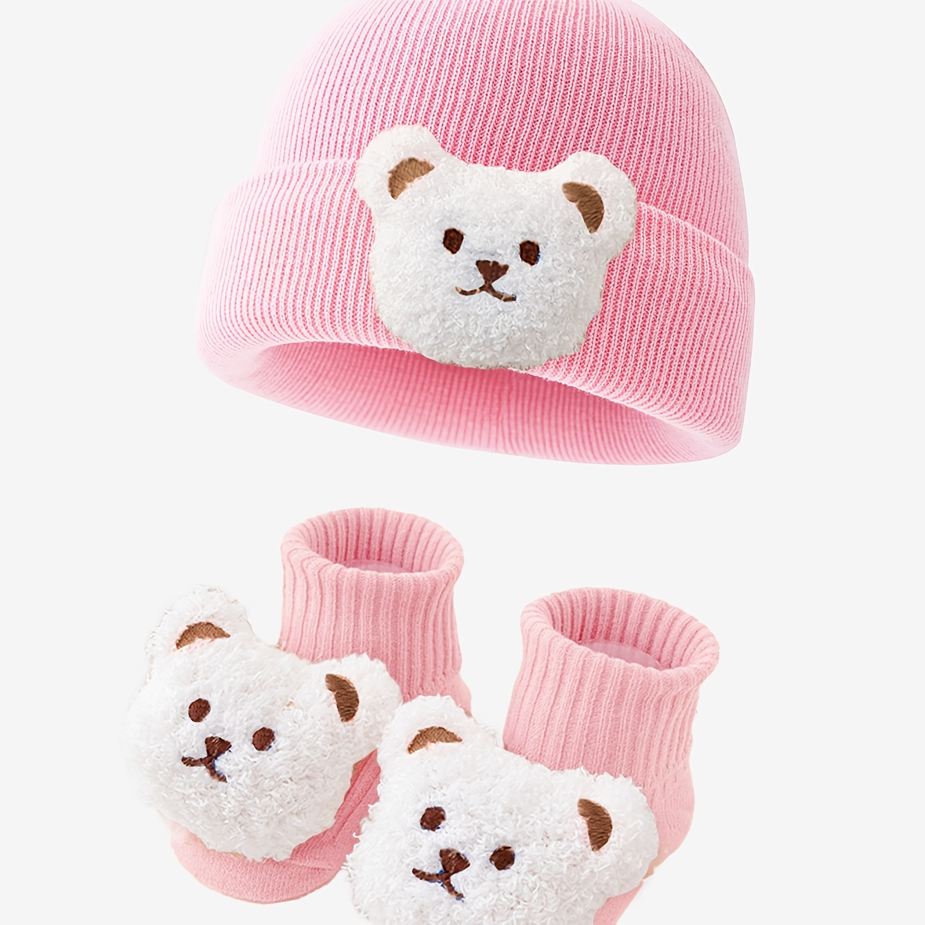 Image of 2pcs Cute Baby 0-6m Bear Decorative Rolled-up Knitted Hats, Breathable And Warm Portable Hats, Soft And Cute, High-quality And Comfortable, Suitable For Daily Leisure, And Other , And As A Gift