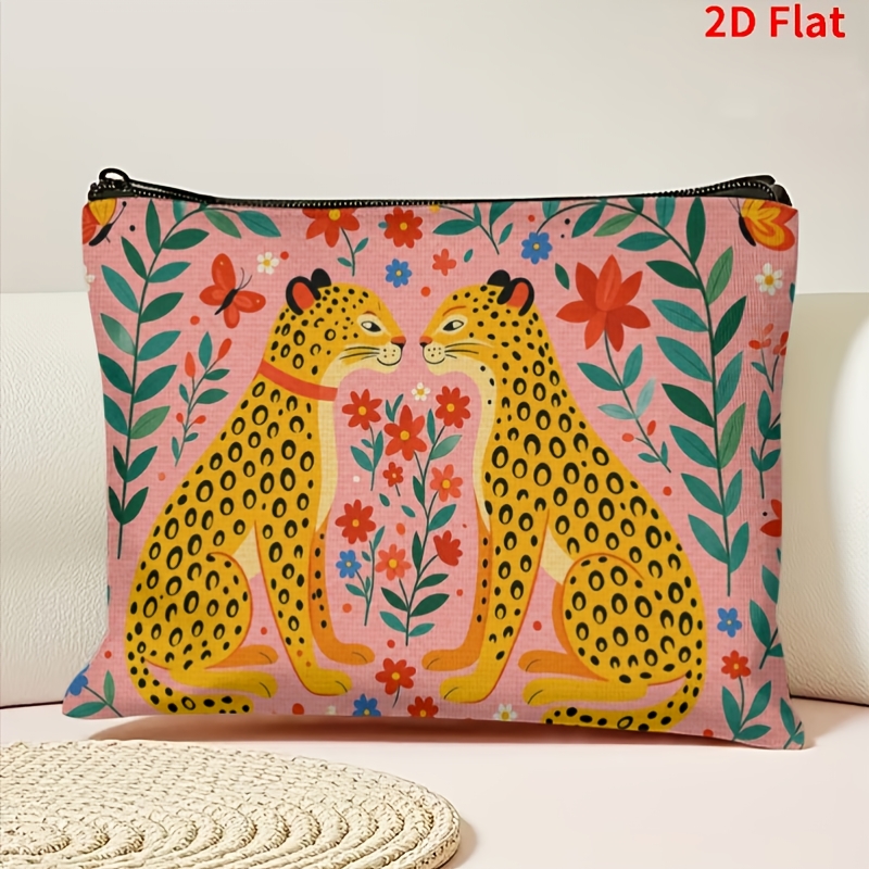 TEMU 1pc 1pcs Double-sided Leopard & Floral Cosmetic Bag - Flat-printed Suitable For Gift, Polyester Pouch With Print & Design, Compact For, Travel,