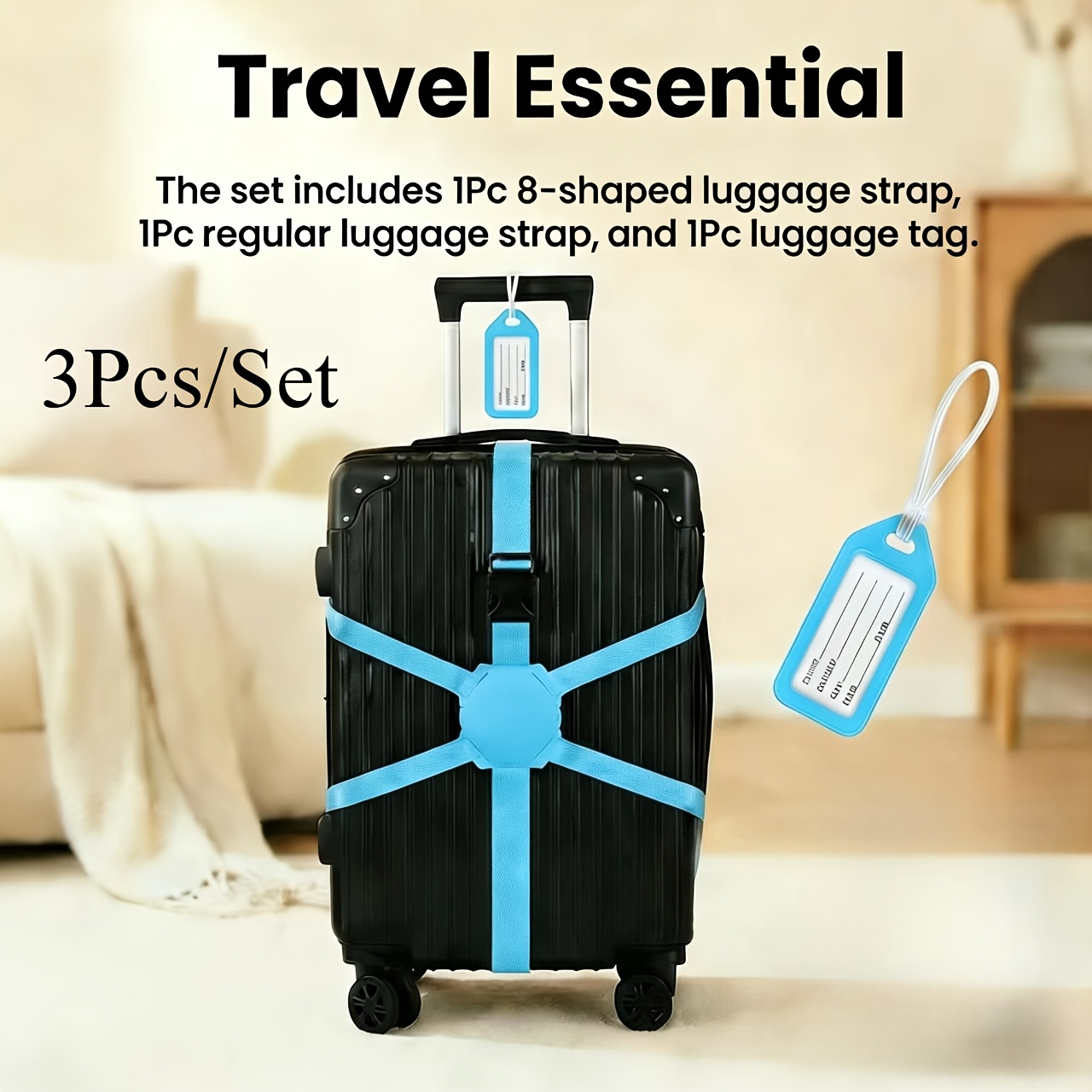 TEMU 3pcs/set (2pcs Luggage Straps And 1pc Luggage Tag), 5 Colors , Travel Luggage Packing Straps 8-shaped Securing Straps For Suitcases, Anti-slip