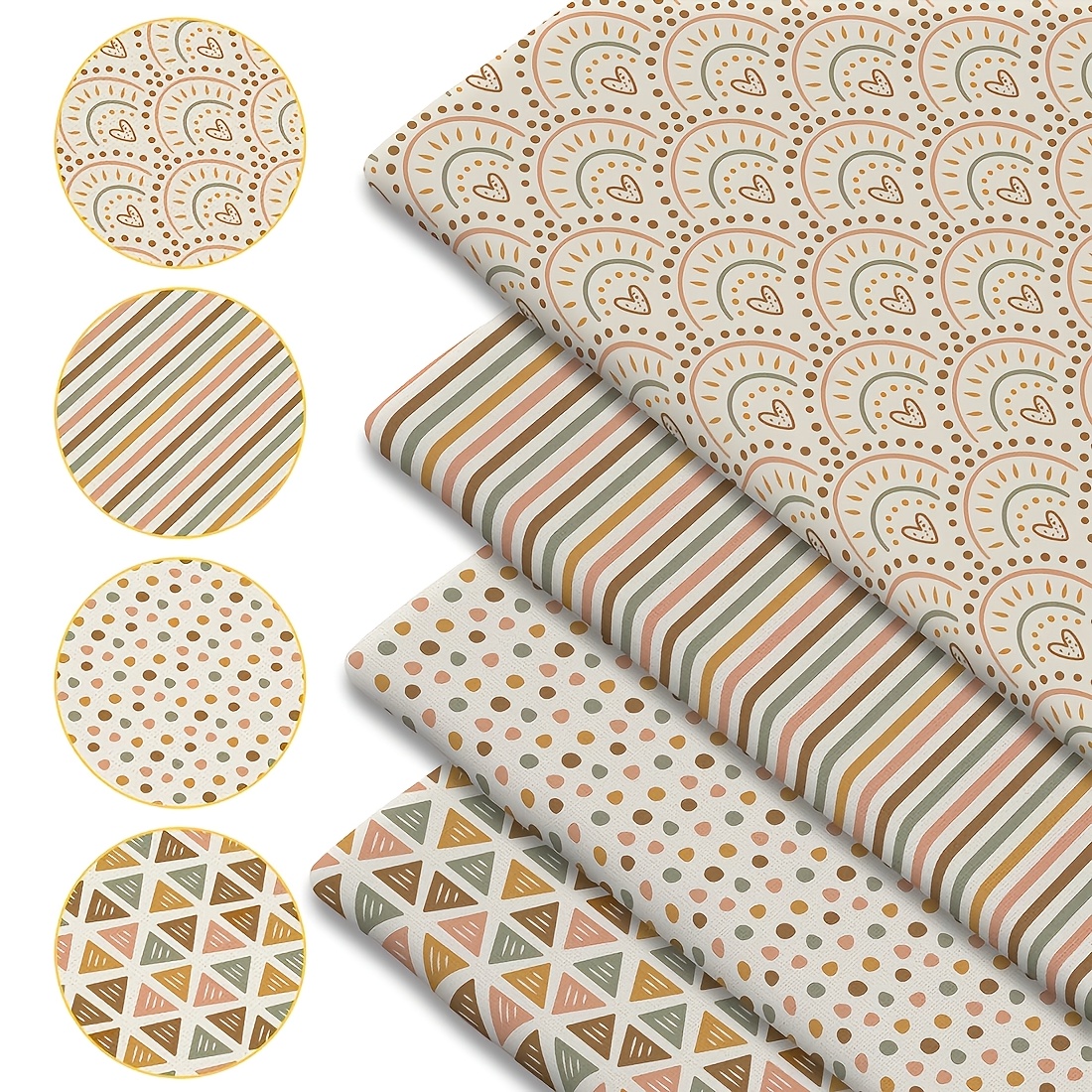 TEMU Lot de 4 tissus à imprimé bohème - 18x22 pouces (55x45cm) - Tissu en prédécoupé, motif à rayures et cœurs - Convient pour la couture DIY, le