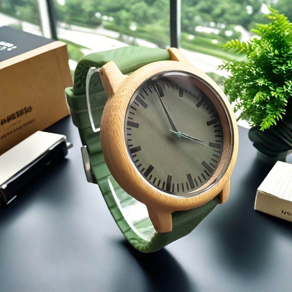 

Trendy Bamboo Wood Watch With Green Silicone Strap