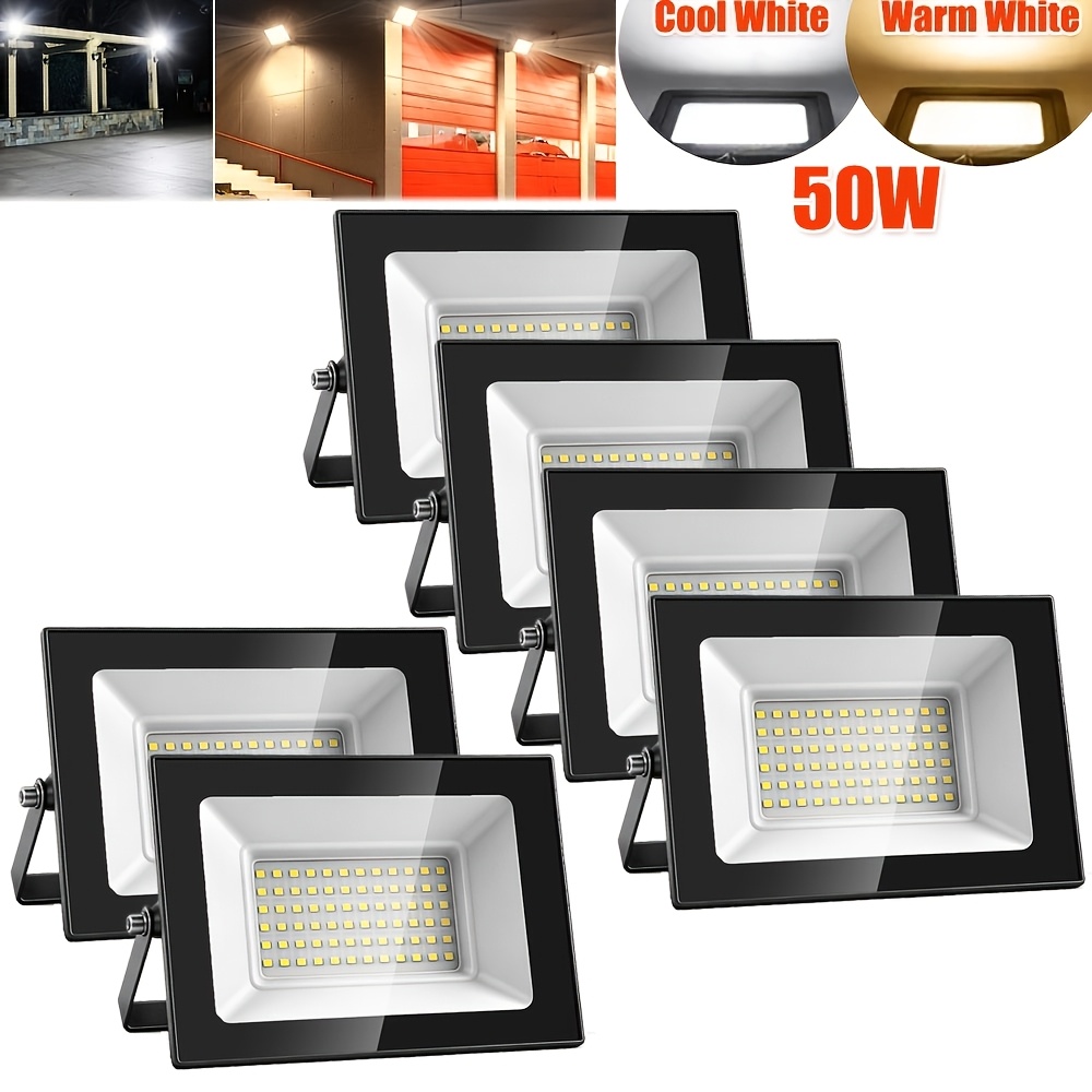 6pcs 50w Led Floodlight Outdoor, 17x11.6x2.7cm Led Security Light, Led Flood Light, Cool White/warm White, Adjustable 180° Bracket, For Garden, Garage, Yard, Backyard, Workshop