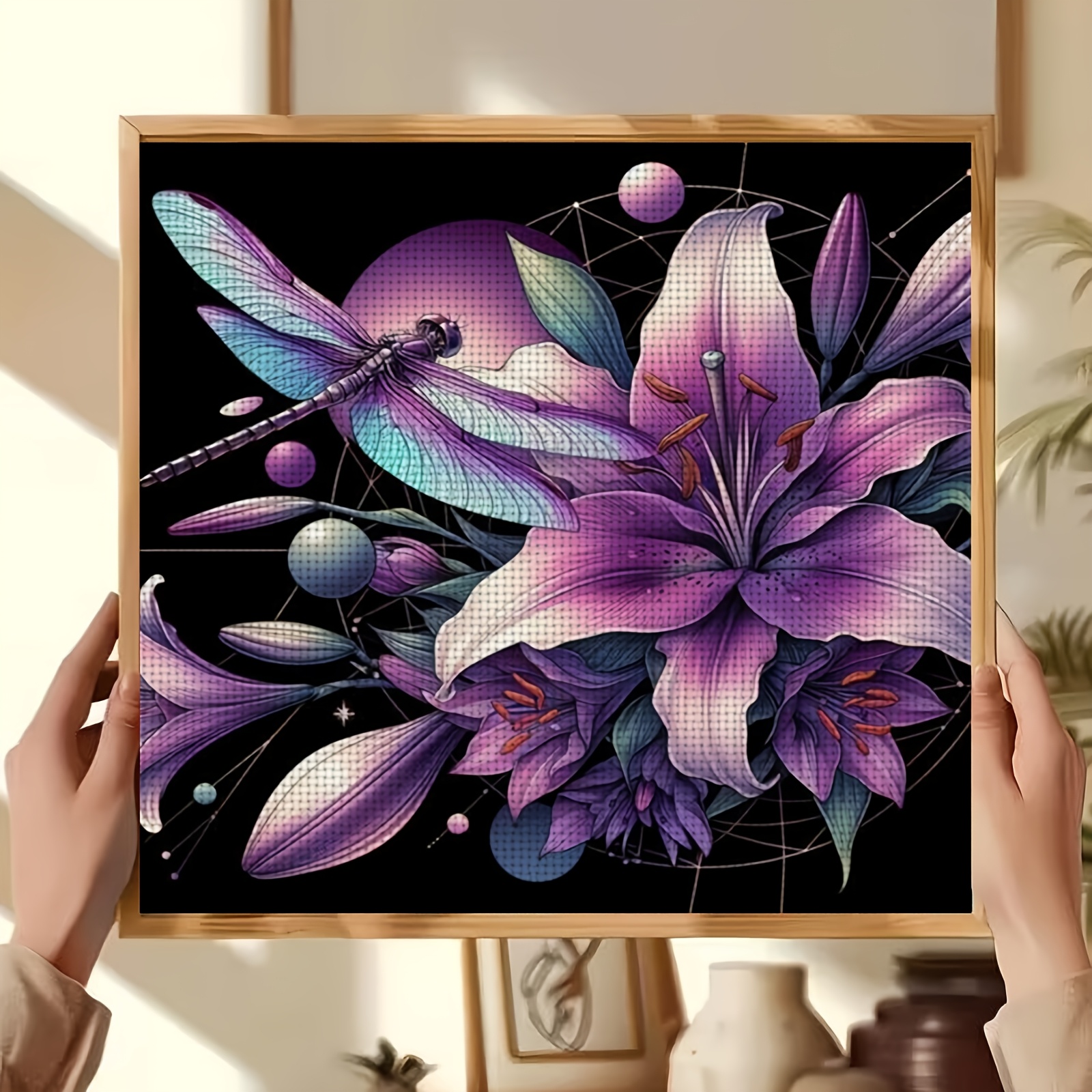 Cross-Stitch Kit, Purple Lily and Dragonfly Design