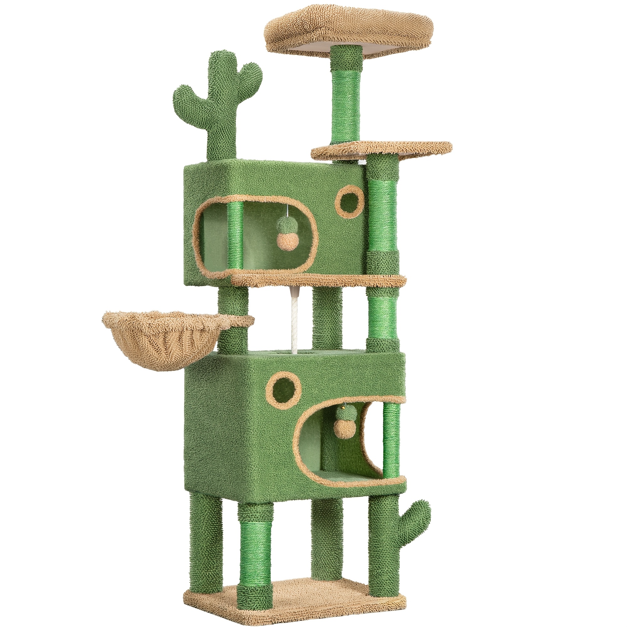 Image of Cactus Cat Tree, 165 Cm Cat Tree With 6 Scratching Posts, 2 Platforms, 2 Caves, Basket, Plush Balls, Sisal Rope, Suitable For Cats Of Sizes, Green Brown