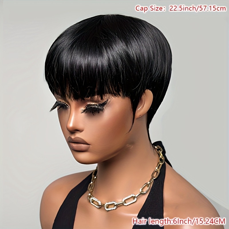 TEMU Short Straight Human Hair Wig With Bangs - 150% Density Brazilian Hair, Full Machine-made Glueless Wig For Women, Natural Look & Volume, Perfect
