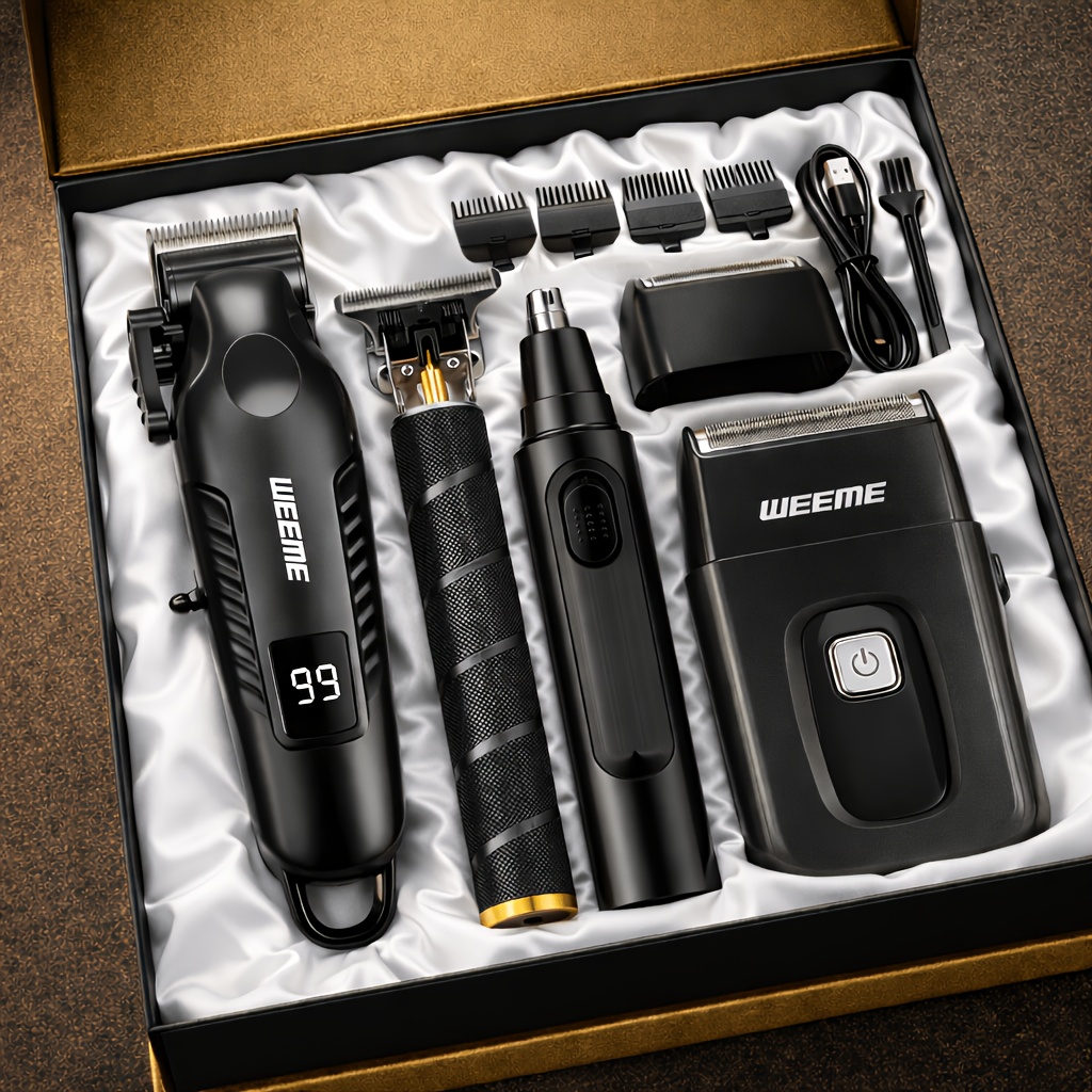item picture WEEME 4pcs 3pcs 2pcs 1pc Black Golden Hair Clippers For Men Professional, Beard Trimmer Kit, Cordless Clippers And Trimmers Set, Electric Razor Shavers And Nose Trimmer, Mens Grooming Kit For Barber, Valentines Day Christmas Gifts For Him
