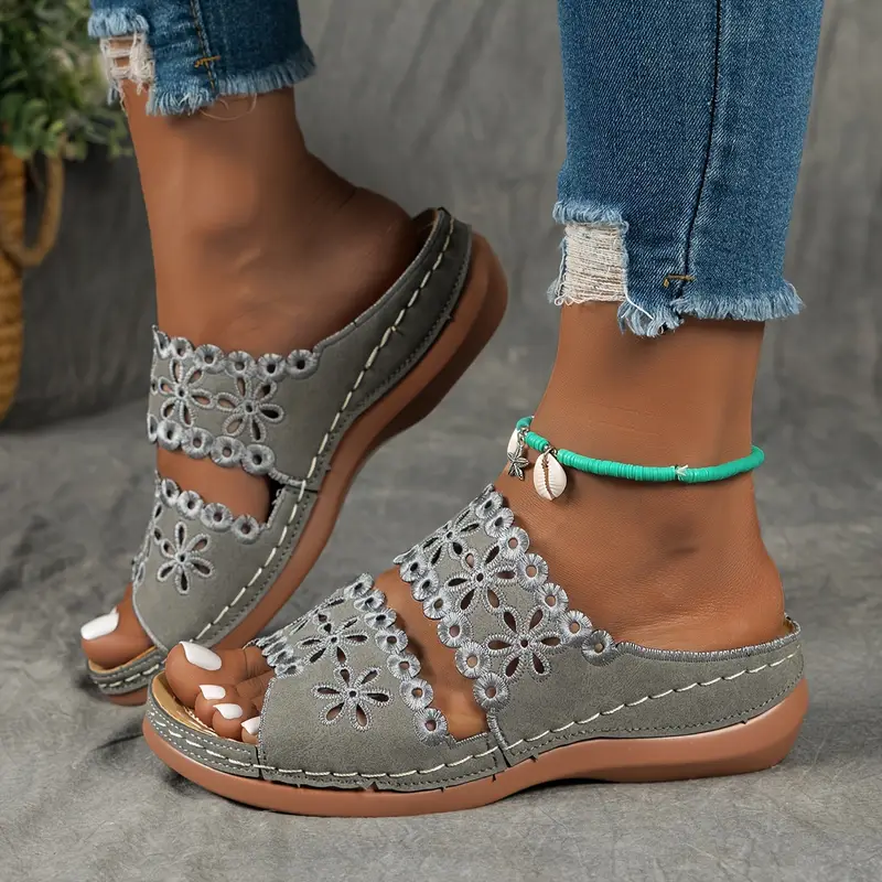 women s flower hollow wedge slide sandals casual peep toe 7