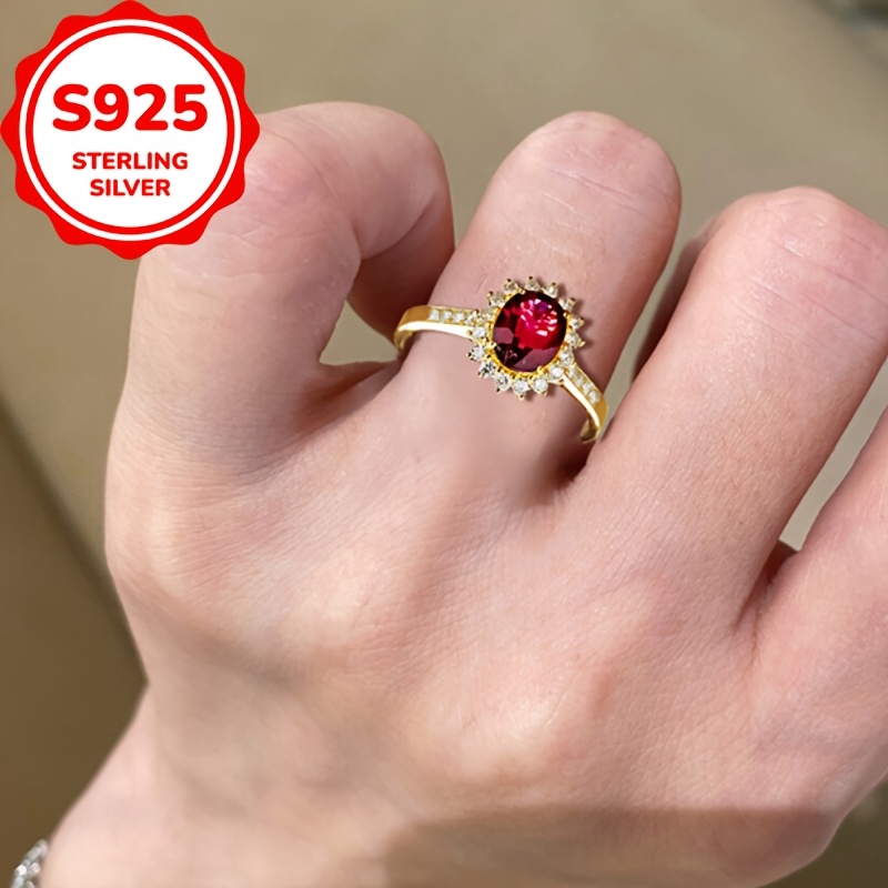 Women's 925 Silver Vintage Ring with Pigeon Blood Red Center Stone