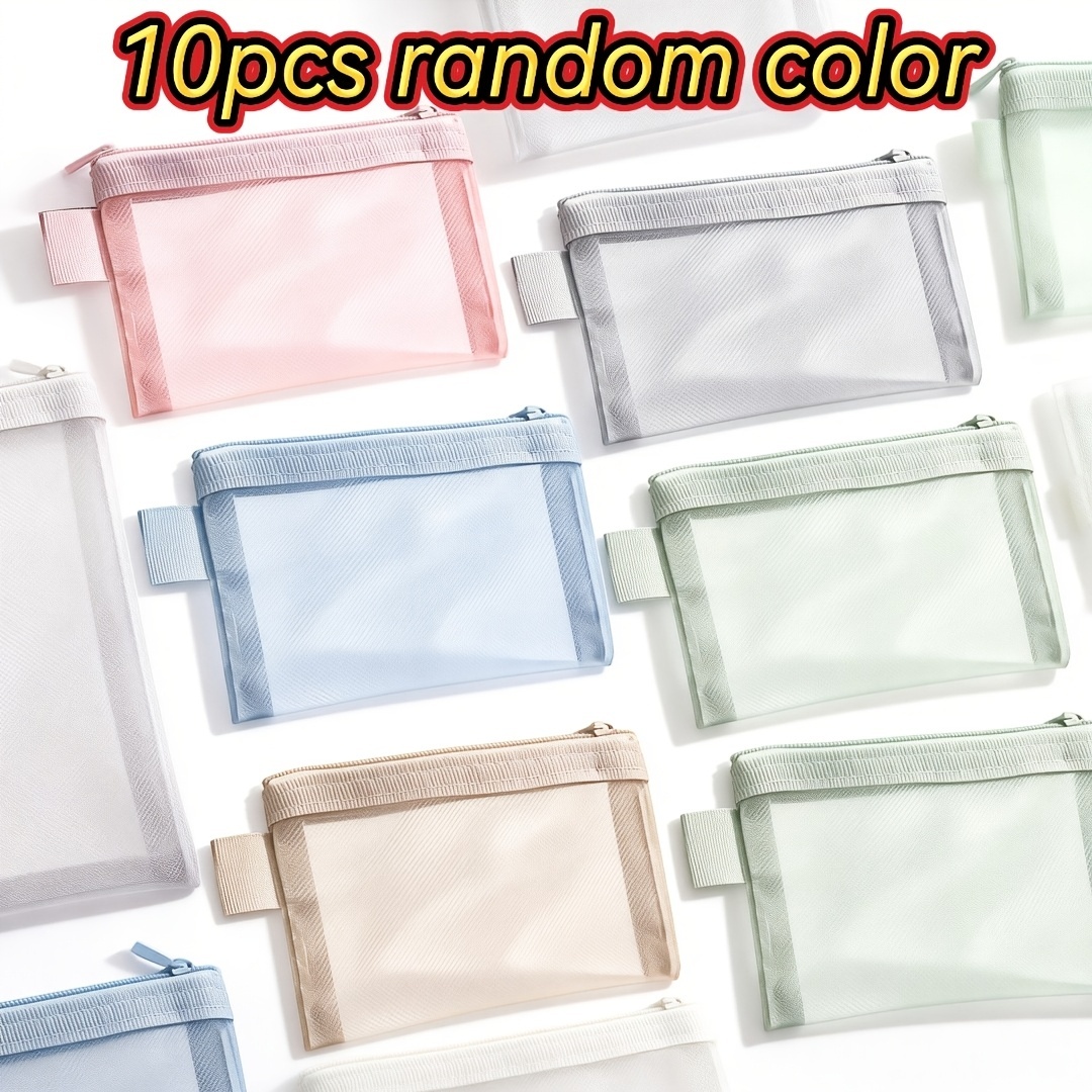 TEMU Random 10pcs Mesh Bag Set With Zipper Closure - Multi-pocket Organizer, Ideal For , Cards, Keys, And Passes - Durable Travel Wallet, Perfect For