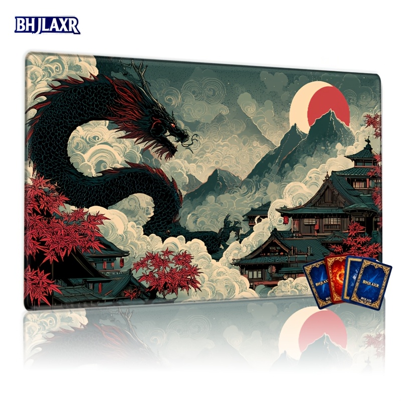TEMU A /tcg Game Mat Featuring An Perched In A Mountain Shrine, Surrounded By Mist, Complemented By A Red Sun And , Measuring 14×24 Inches | Non-slip