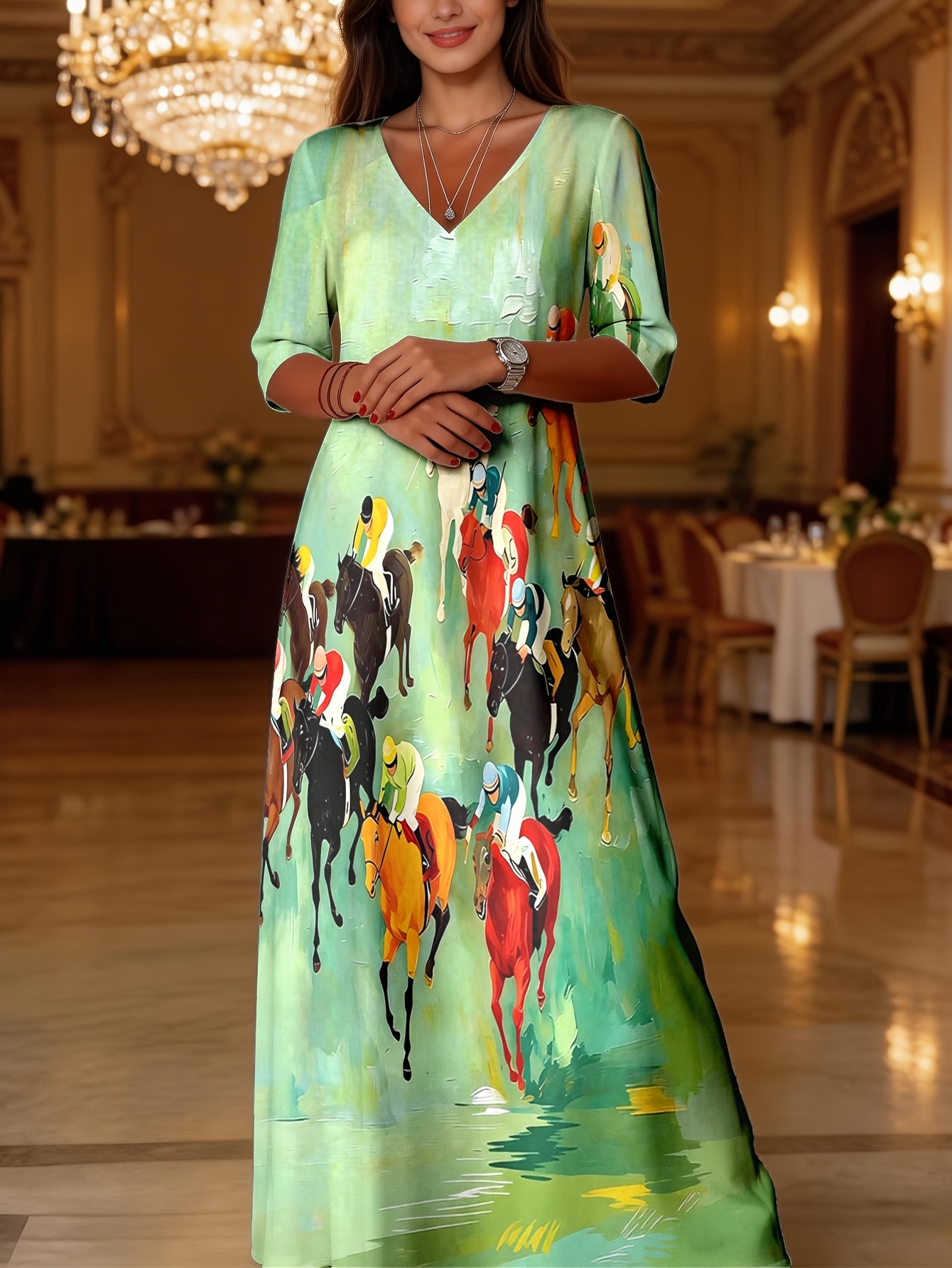 chinese dress ladies Green/Blue Horse Smocked Tiered Dress