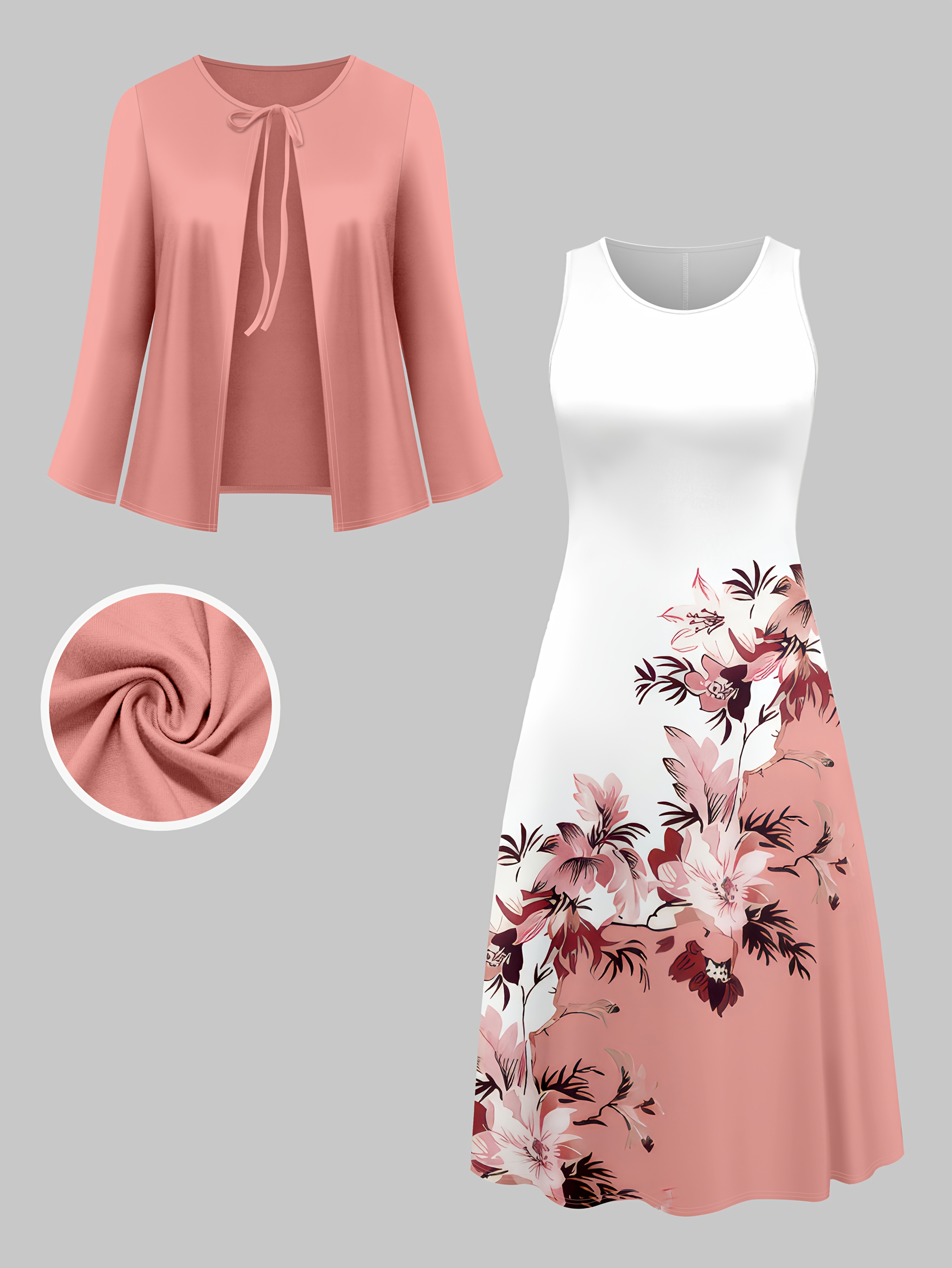 Fashion Women's solid color small cardigan and floral print patchwork dress two-piece set