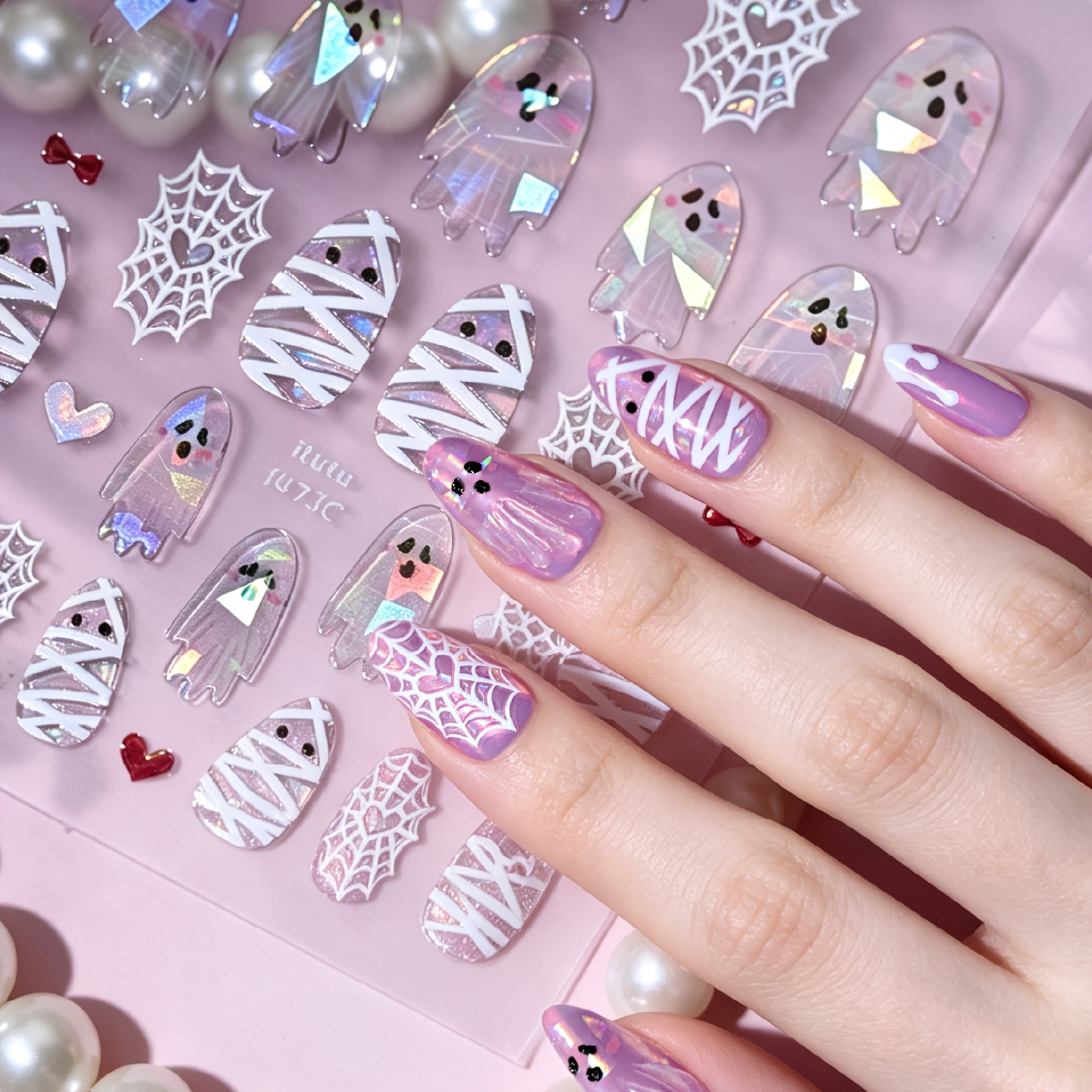 TEMU 1pc/3pcs Halloween 5d Embossed Glass Nail Stickers, Cute // Web/heart Bow Patterns, Suitable For Nail Salons And Home Diy Nail Art Decoration