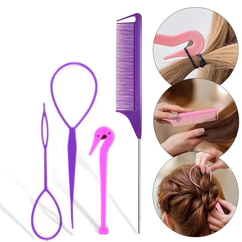 TEMU 4 pièces/set Outil à Tresse Française Bande Élastique pour Cheveux Coupe-Queue de Rat Peigne à Queue Métallique pour Coiffure Tous Types de