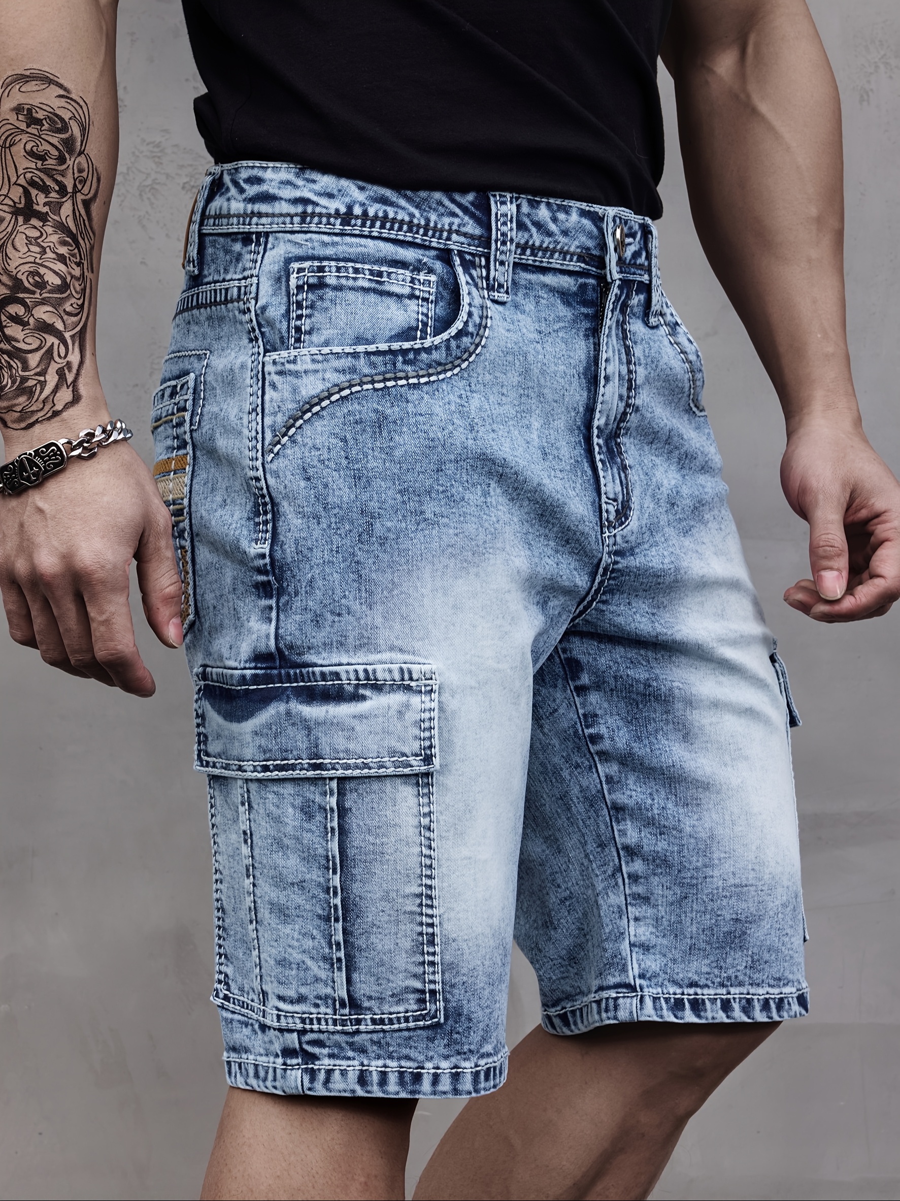 Men's Thick Thread Embroidery Classic Multi-pocket Elastic Denim Shorts