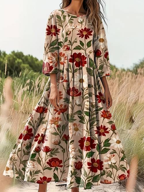 spring summer new floral print womens elegant sleeve dress
