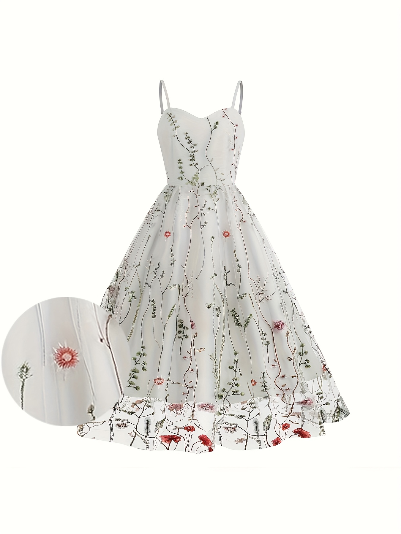 elegant floral embroidered mesh overlay cami dress women