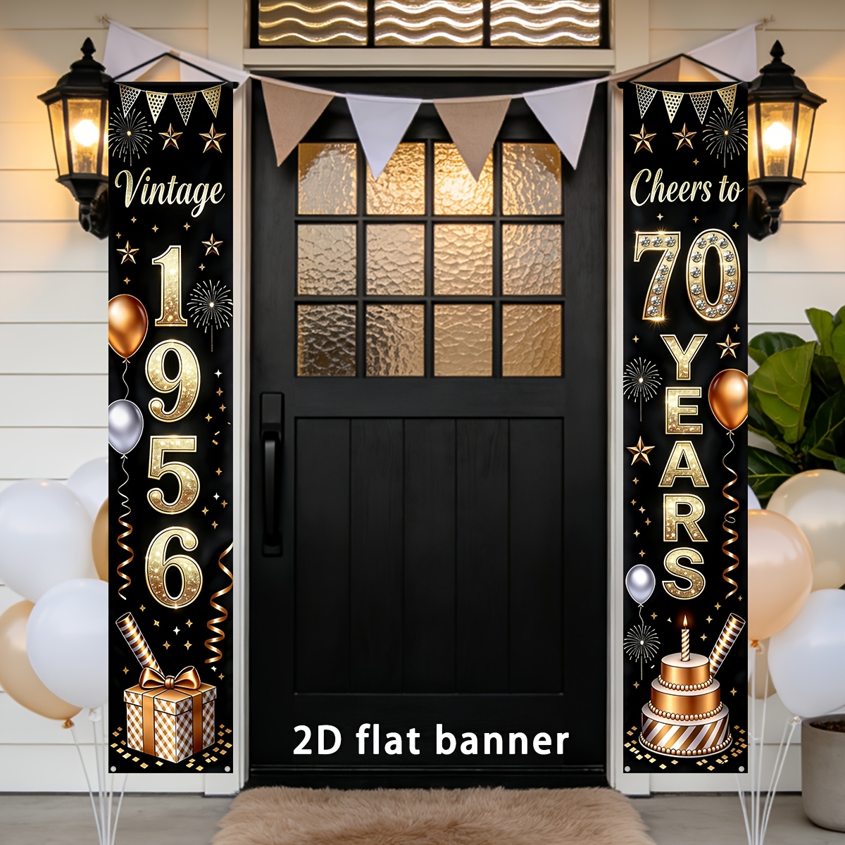 TEMU 2d Flat - 2d Flat - 2d Flat Party Banner, 2pcs, Exquisite 70th Birthday Decoration Banner Set, "vintage 1956" And "happy 70th Birthday" Black