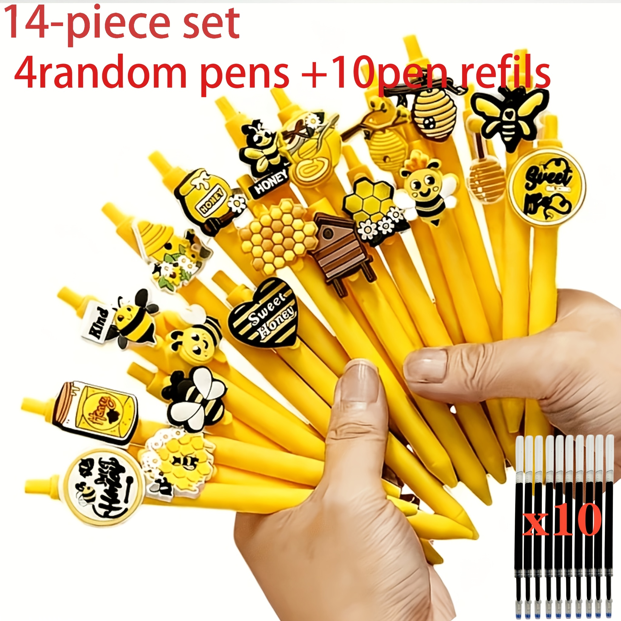 TEMU 14pcs Retractable Gel Pens - 4 Pens + 10 Refills, Random Patterns, Stylish Writing Tools With Comfortable Grip - Fun Stationery For Students,
