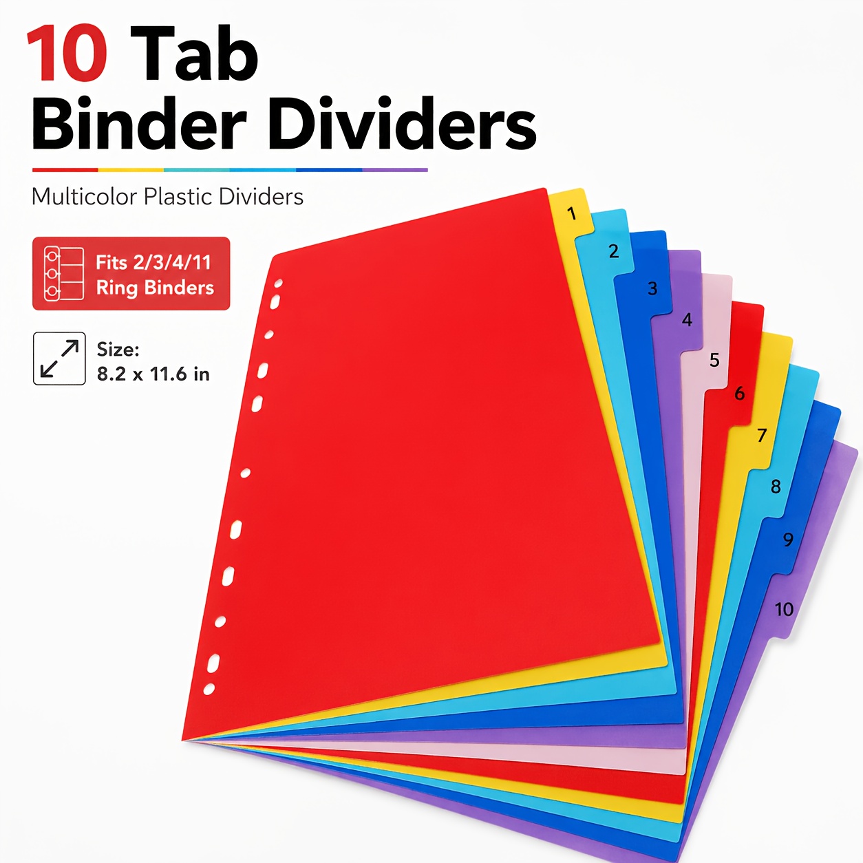 TEMU 10pcs Plastic Binder Dividers, Multicolor Letter Size Notebook Index Dividers With Tabs, 11-hole Design For 2/3/4/11 Ring Binders, School Office
