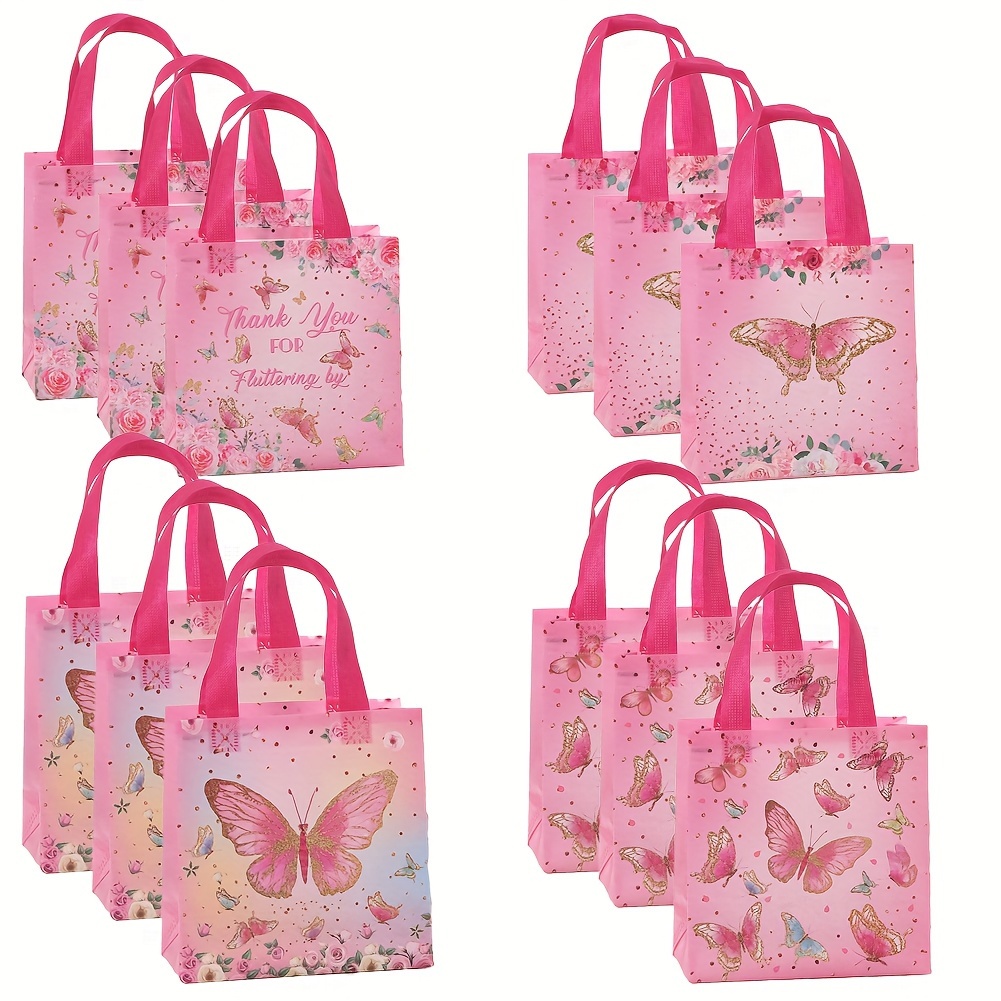 

12pcs Butterfly Gift Bags Pink And Purple Reusable With Handles Non Woven Butterfly Goodie Bags Stylish Butterfly Candy Bags For Butterfly Themed Gender Reveal Birthday Party