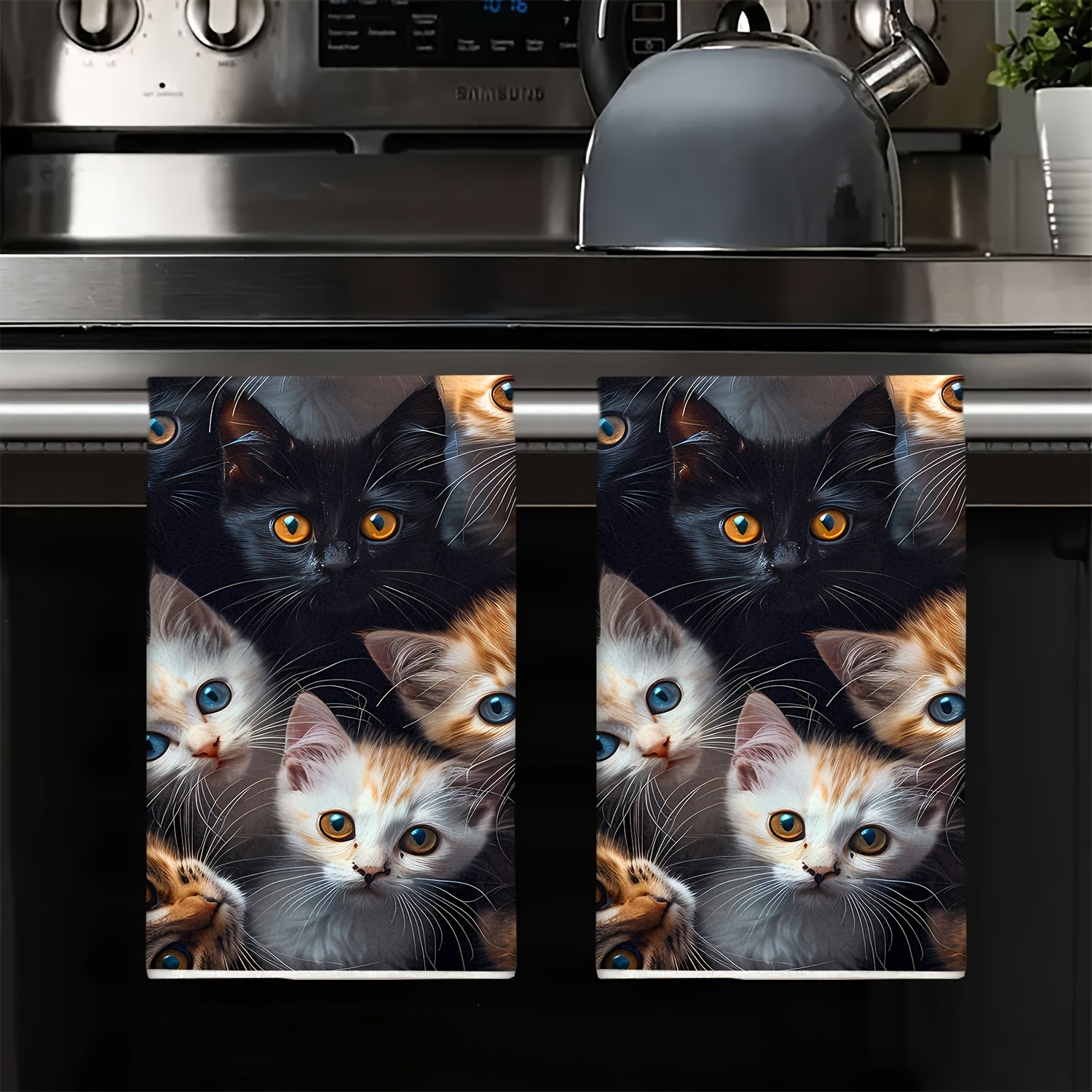 TEMU   Kitten Illustrations, 2pcs Set, Hand Towel, Kitchen Decorative Dish Towels, Scouring Pads, Absorbent Cloth Tea Towels, Suitable For Cooking,